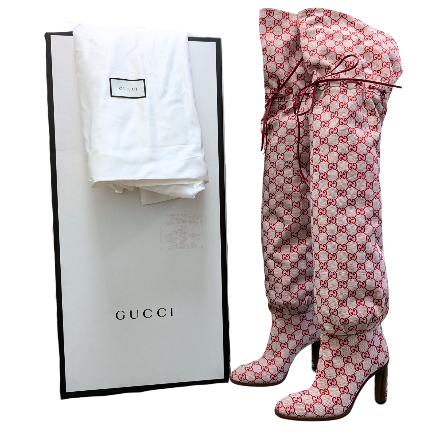 NIB Gucci Red Monogram Over The Knee Boots Size 39.5