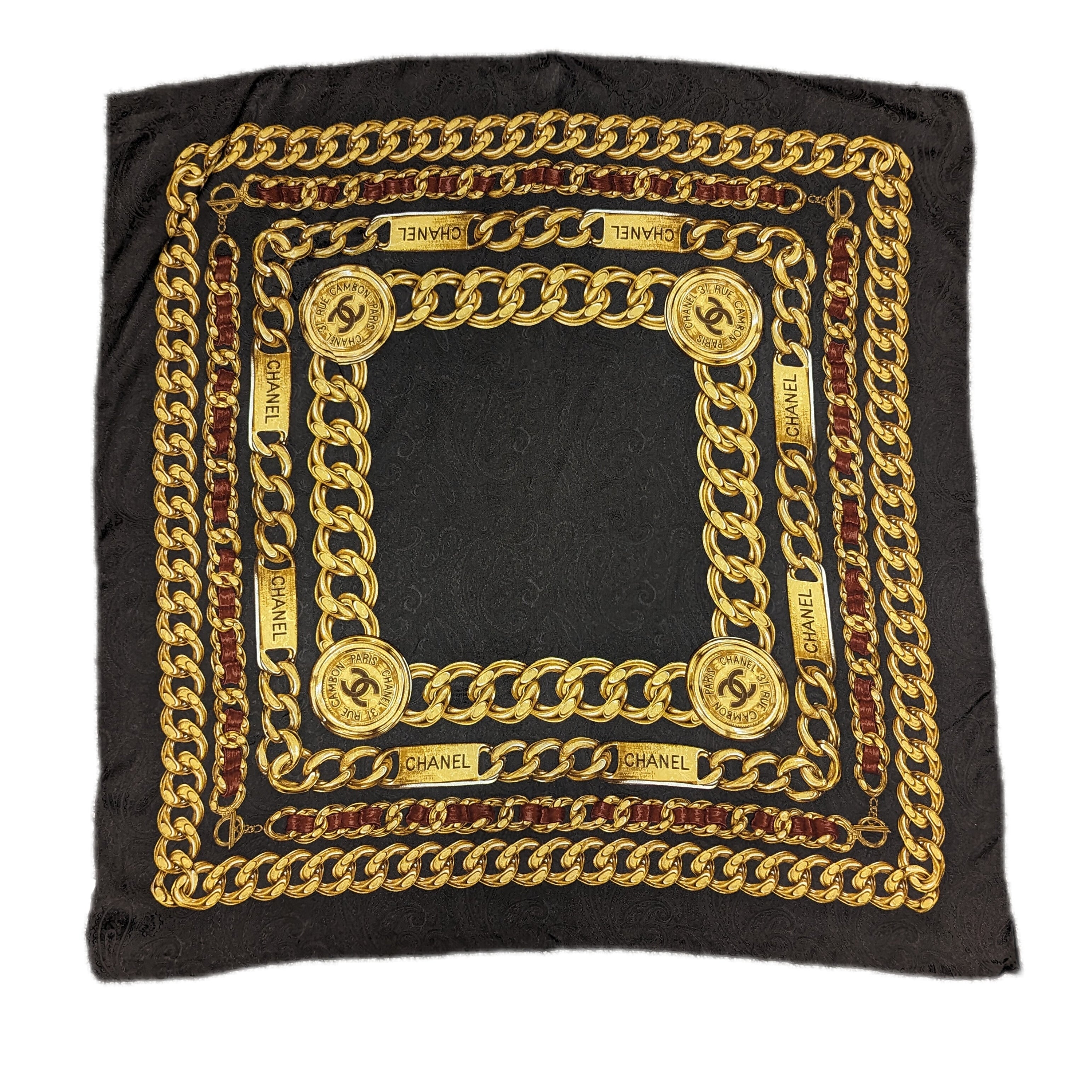 NWT Chanel Brown Paisley Gold Chain Silk Scarf