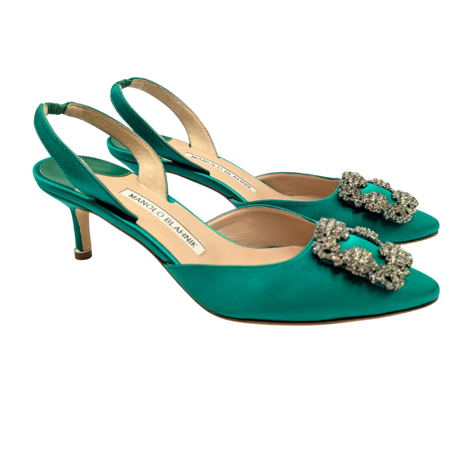 Manolo Blahnik Green Satin Hangisi 50 Slingback Pumps Size 37