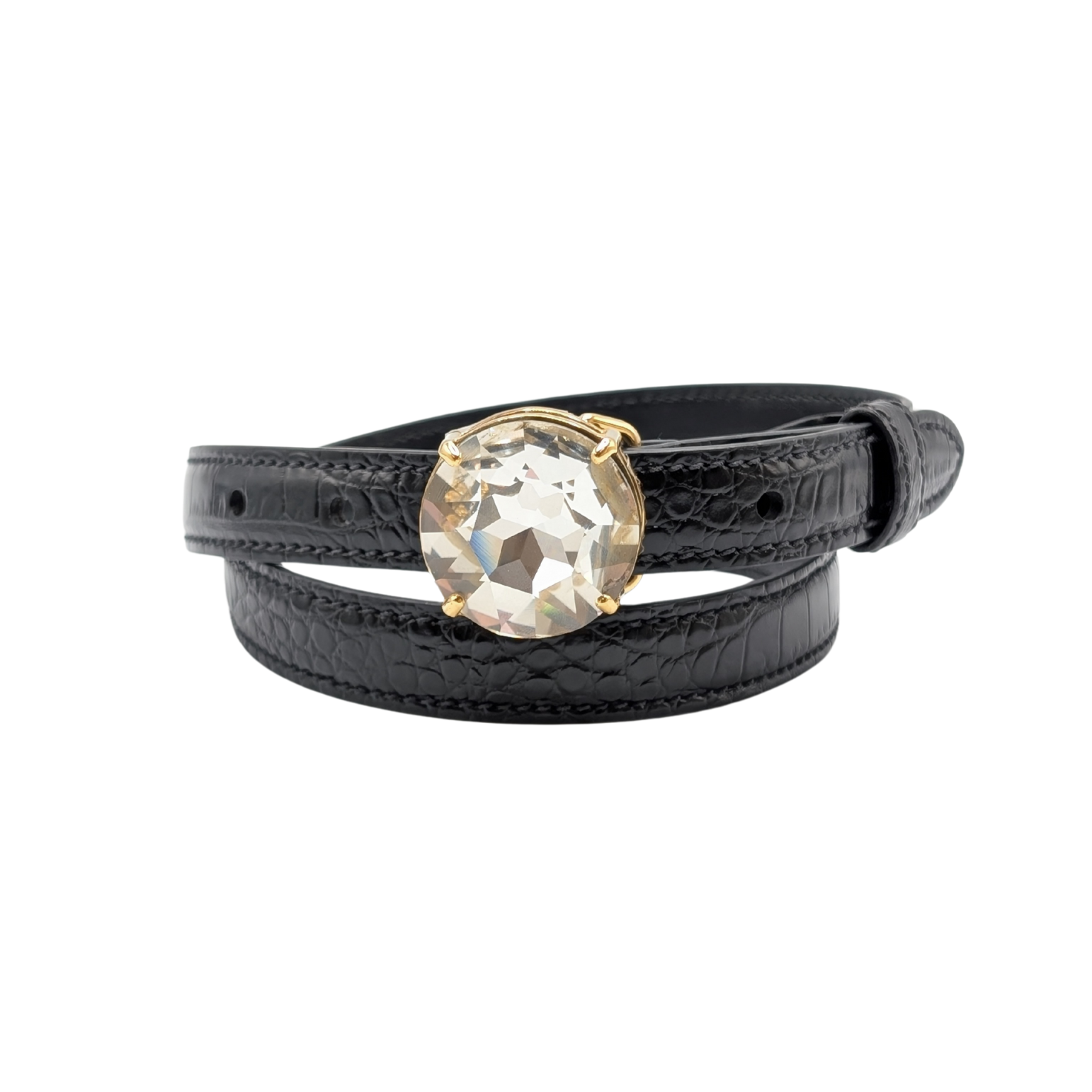 Miu Miu Spring 2019 Black Croc Embossed Leather Crystal Belt Size 32/80