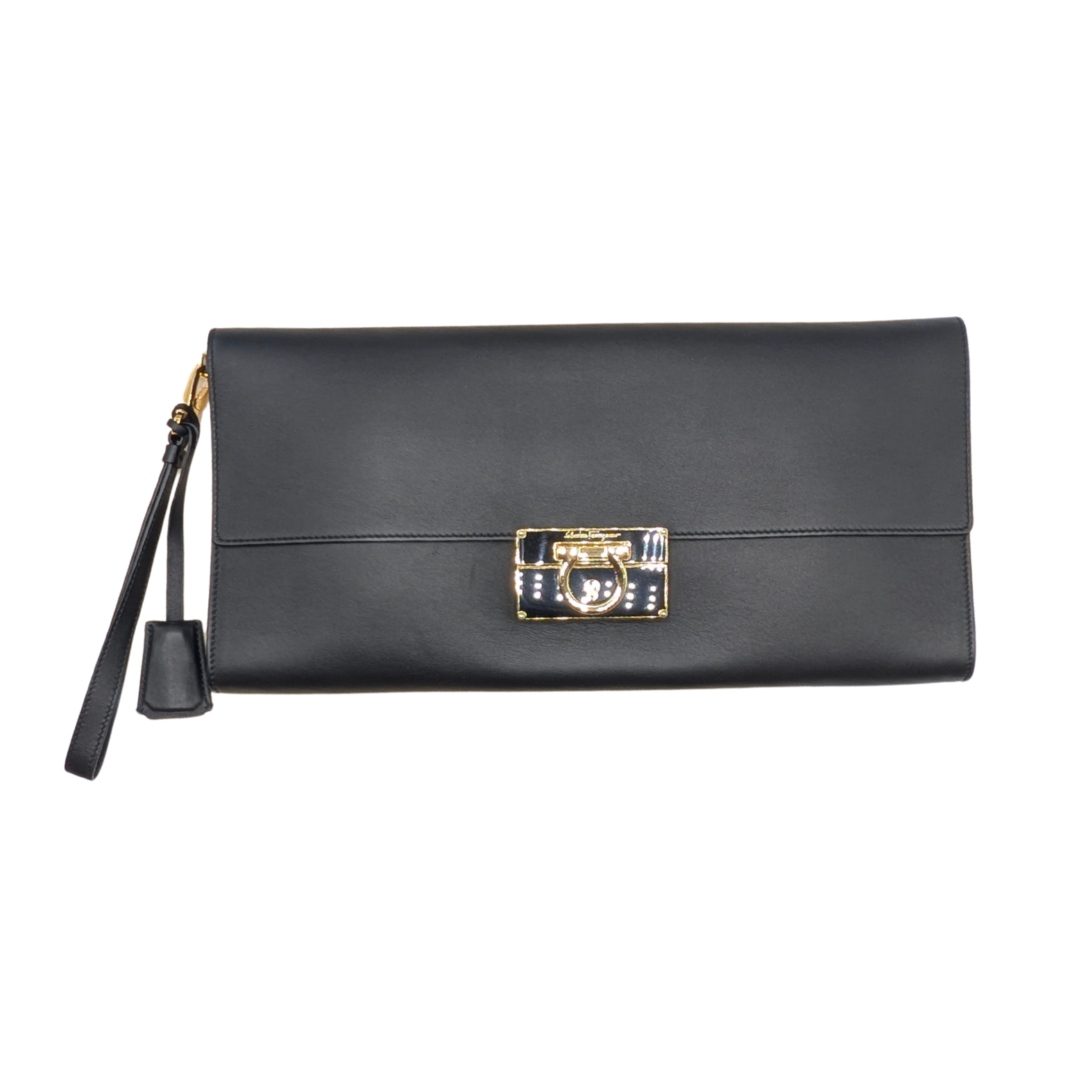 Salvatore Ferragamo Black Leather Gancini Afef Large Clutch Wristlet Bag