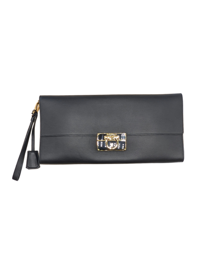Salvatore Ferragamo Black Leather Gancini Afef Large Clutch Wristlet Bag