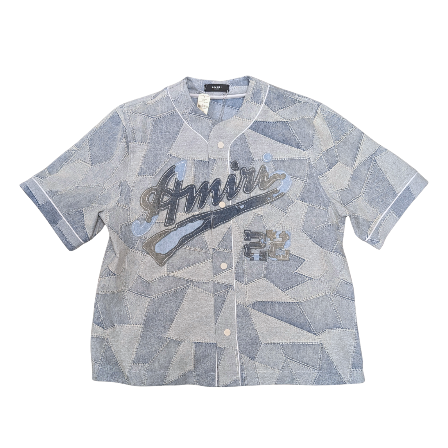 NWT Amiri Blue Patchwork Baseball Shirt Size XL