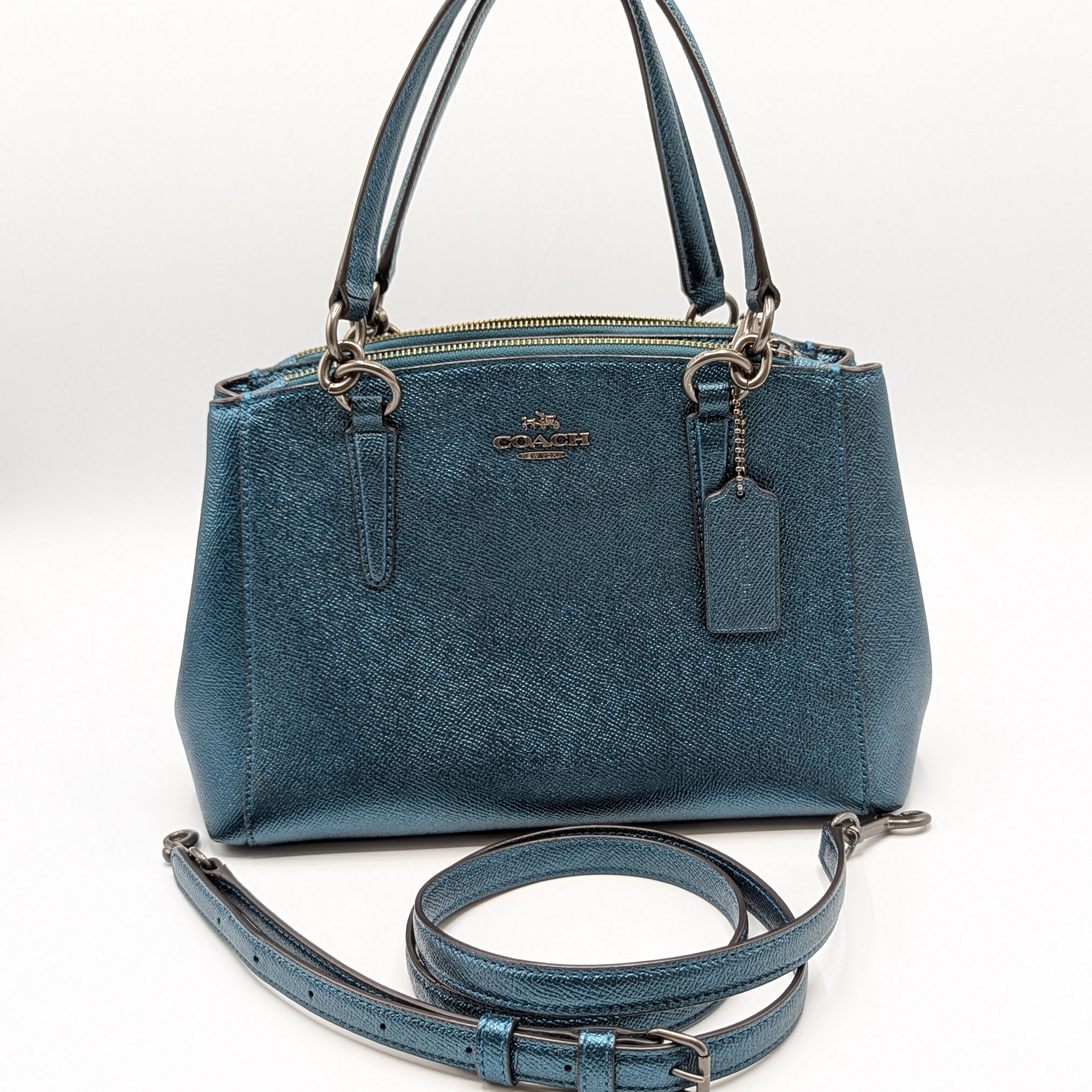 Coach Metallic Teal Grossgrain Leather Mini Christie Carryall Tote
