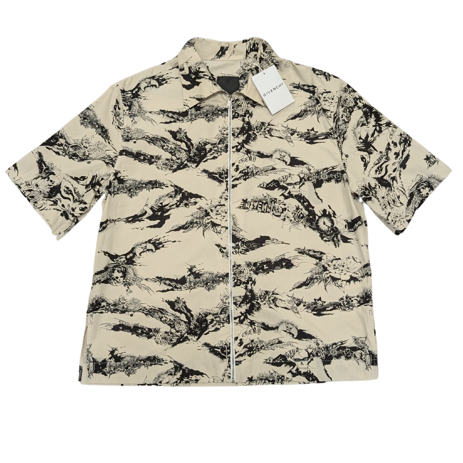 NWT Givenchy Gothic Print Cream/Black Cotton Zip Shirt Mens Size 40