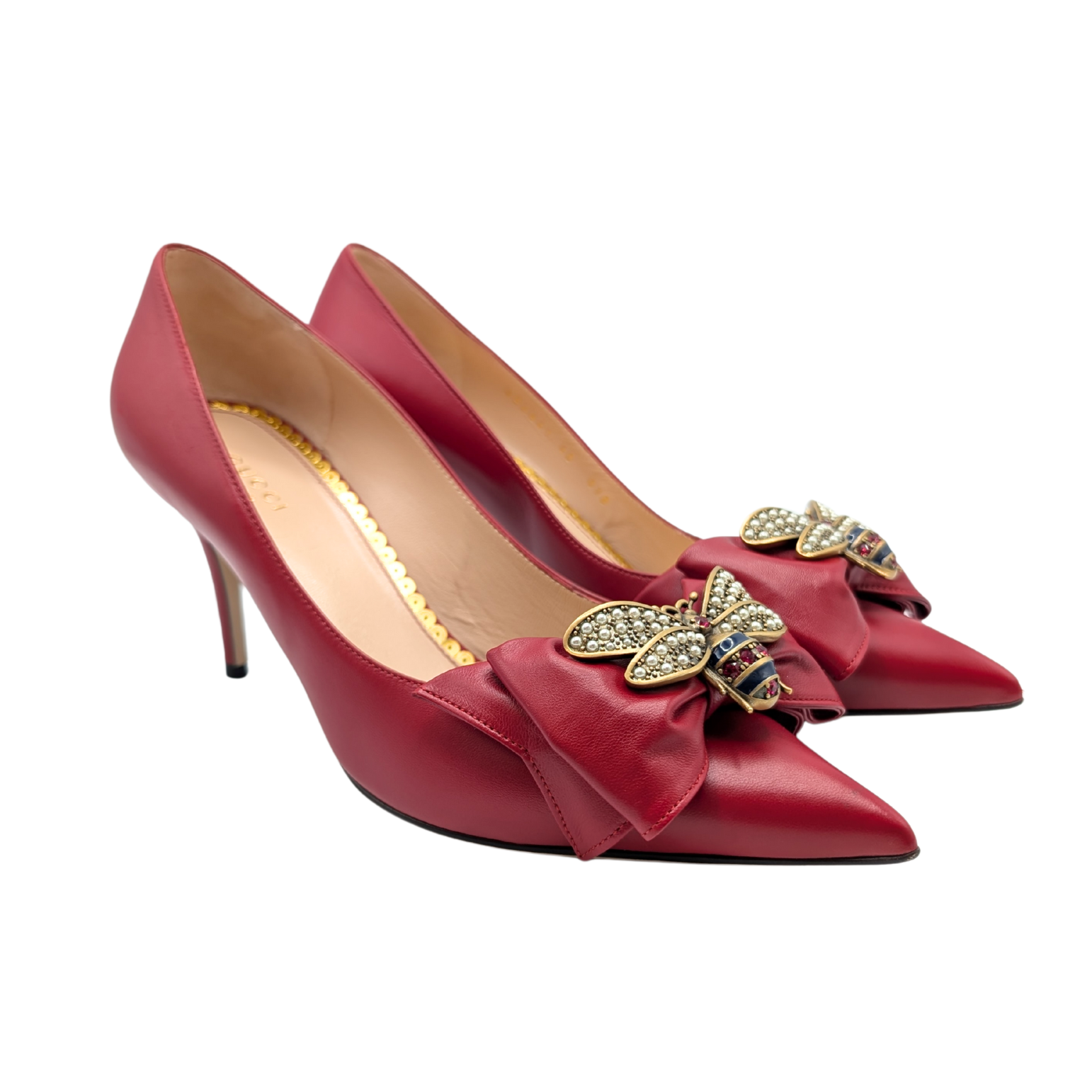 Gucci Red Embellished Bee Bow Pumps Size 40