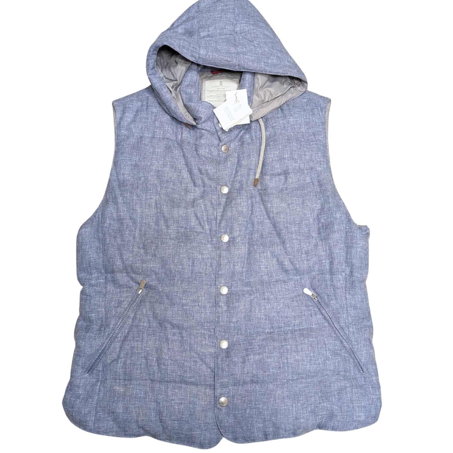 NWT Brunello Cucinelli Blue Linen Wool Silk Blend Down Hooded Vest Mens Size XXL