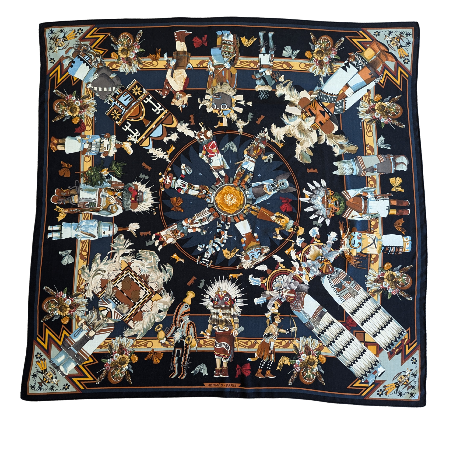 Hermès Black Kachinas Kermit Oliver Cashmere Silk Shawl Scarf 140