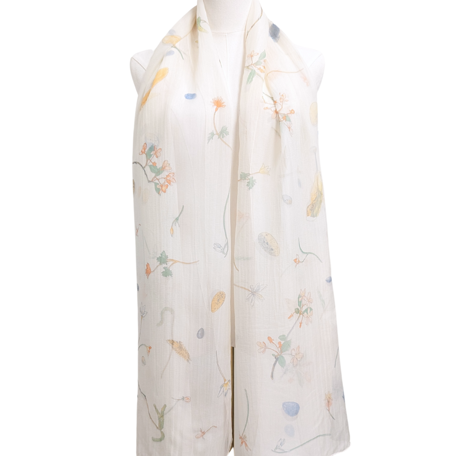 Hermès Cream Fleurs et Plumes Silk Mousseline Stole Scarf