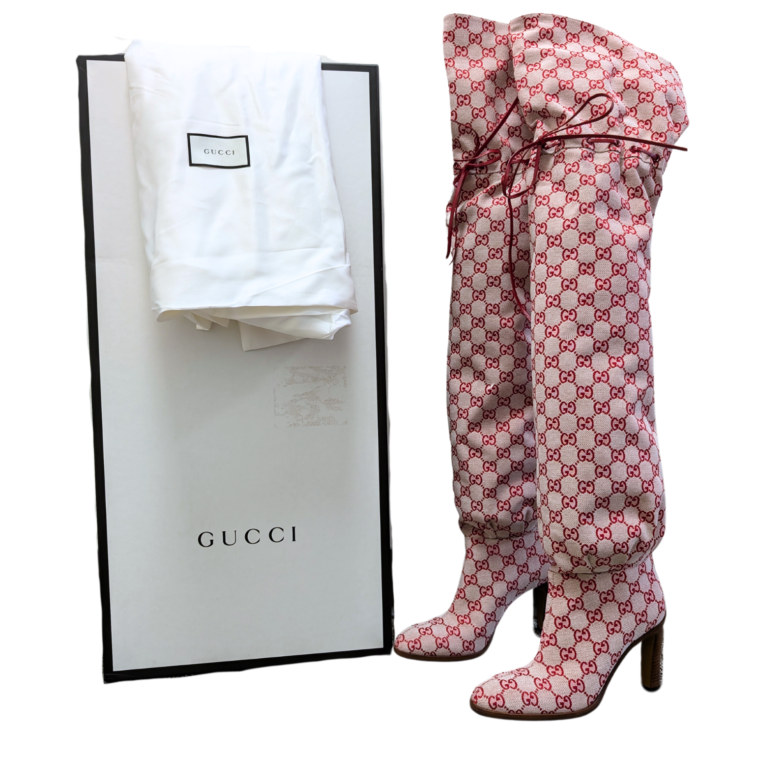 NIB Gucci Red Monogram OTK Boots Size 39.5