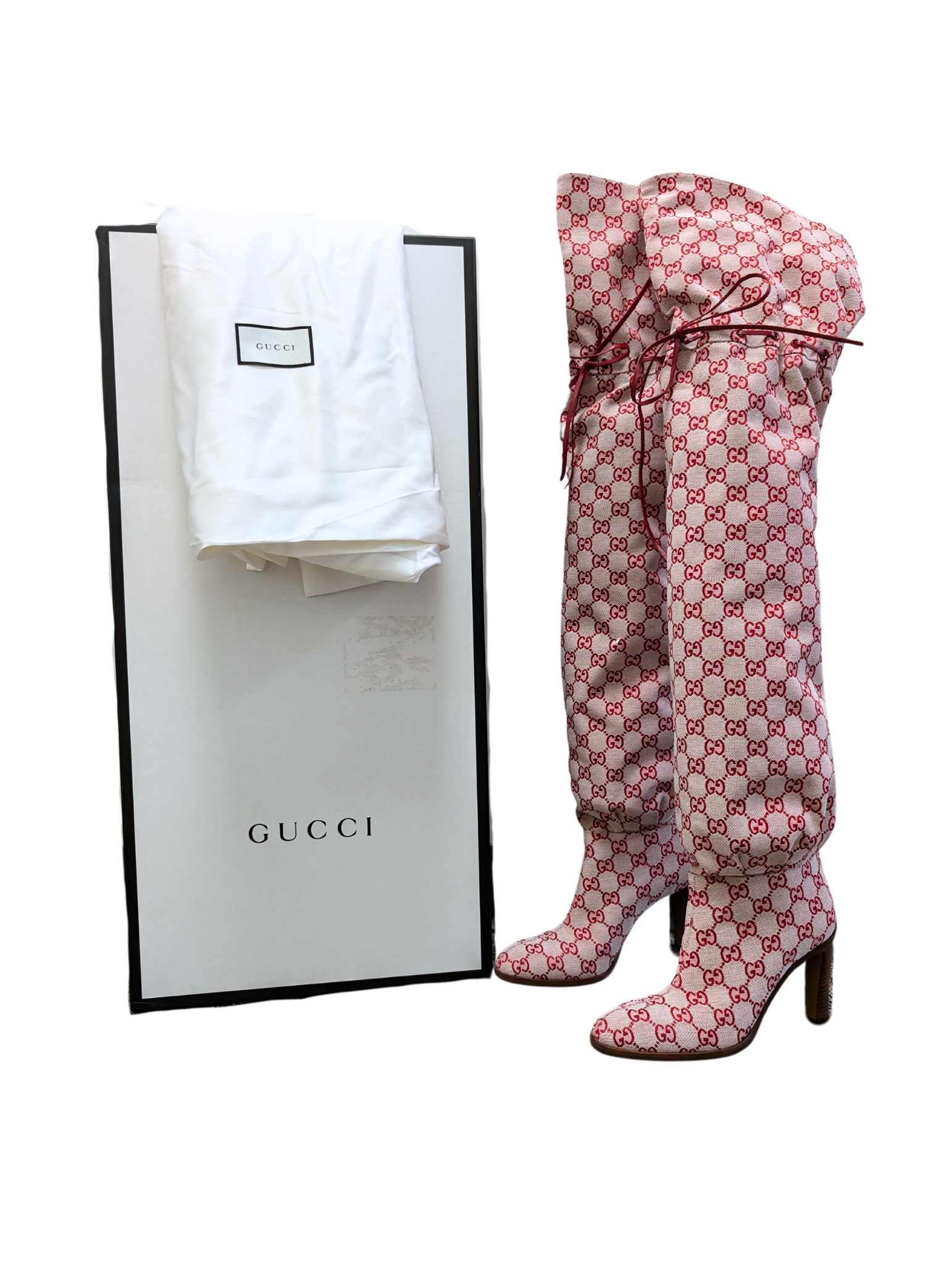 NIB Gucci Red Monogram Over The Knee Boots Size 39.5