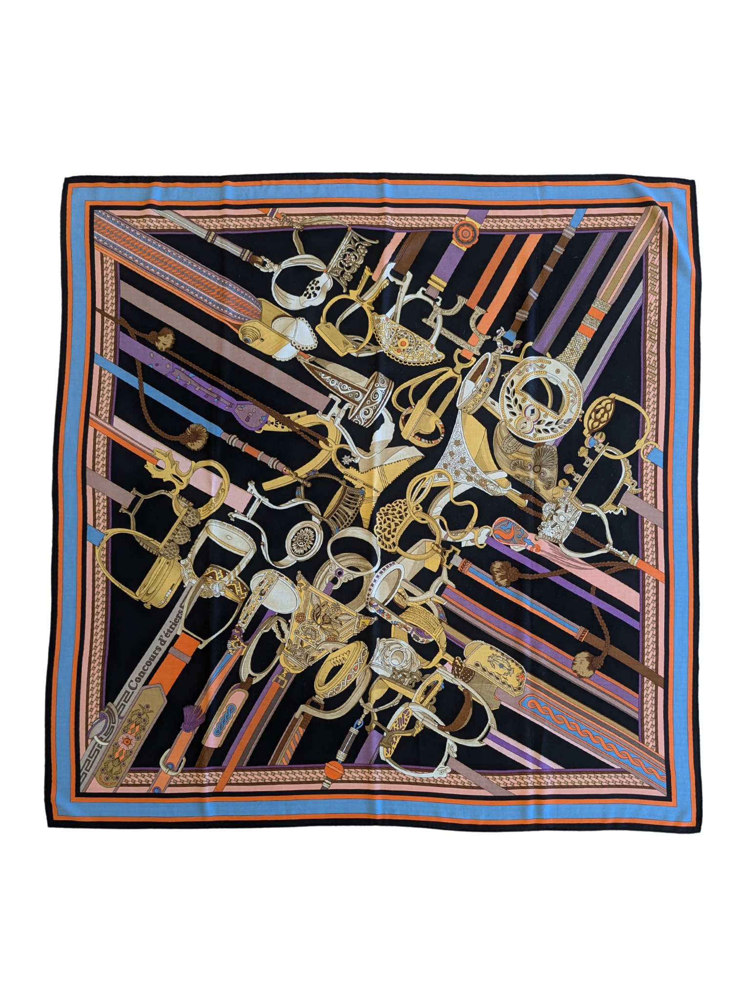 Hermès Black Mulitcolor Concours D'Etriers Virginie Jamin Cashmere Silk Shawl Scarf 140