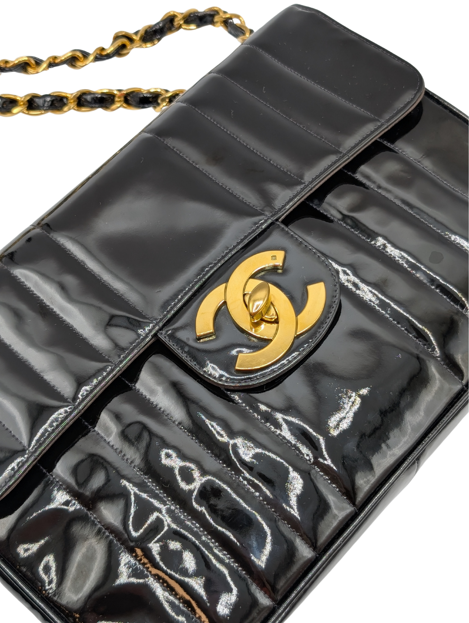 Chanel Black Patent GHW Vertical Quilt Jumbo Flap 1994