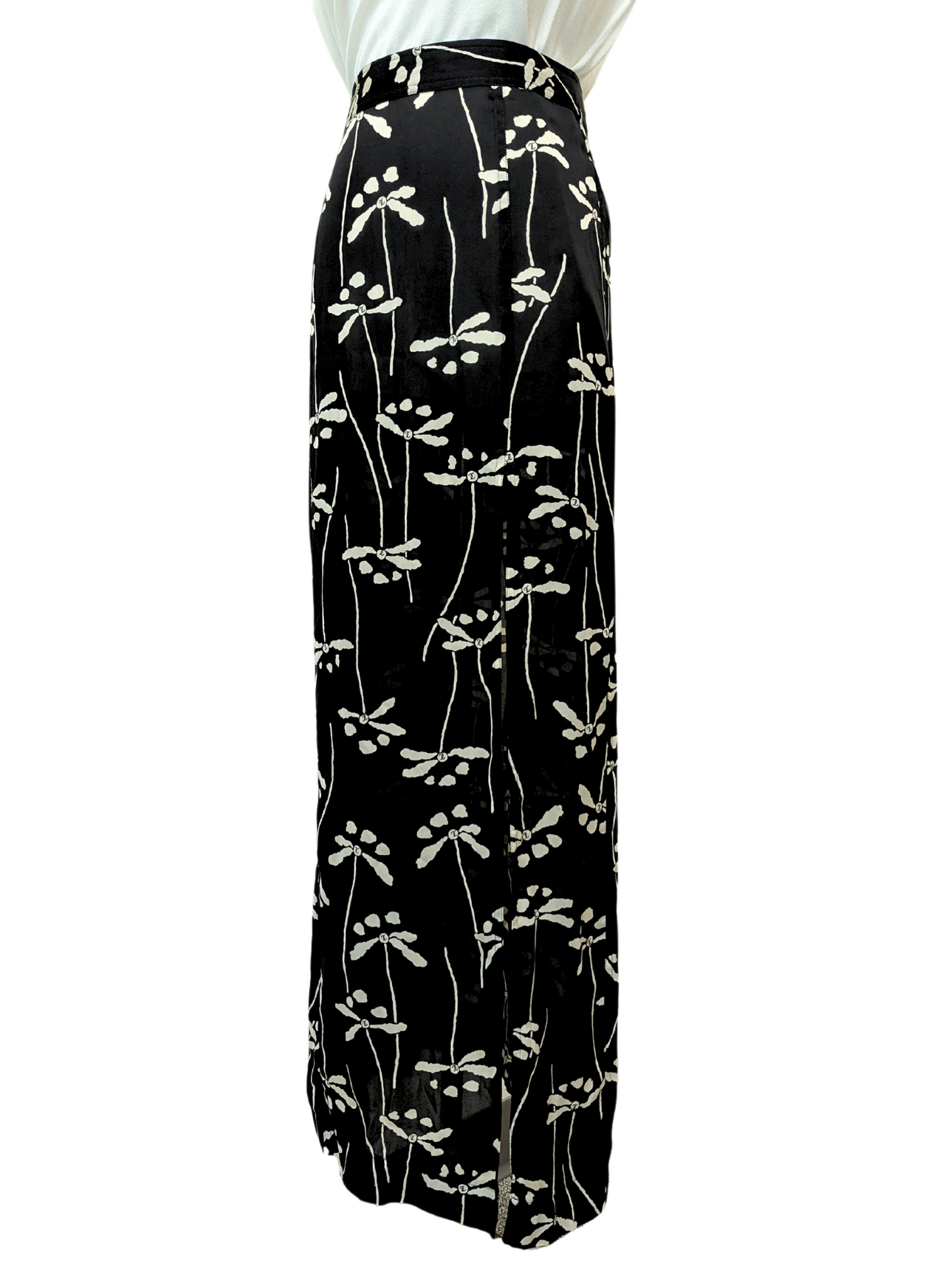 Chanel Black Dragonfly Silk Slit Midi Skirt Size 38