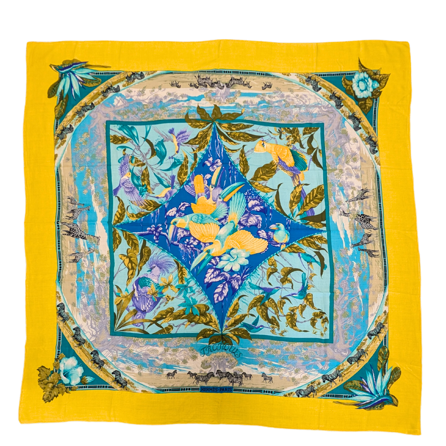 Hermes Tropiques Laurence Bourthoumiex Yellow Blue Cashmere Silk Shawl 140