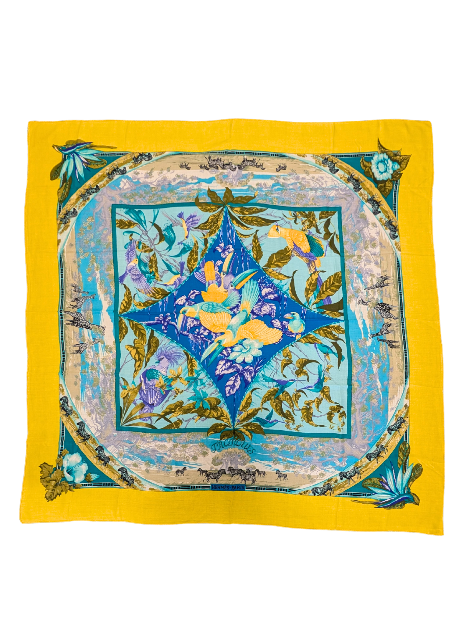 Hermes Tropiques Laurence Bourthoumiex Yellow Blue Cashmere Silk Shawl 140