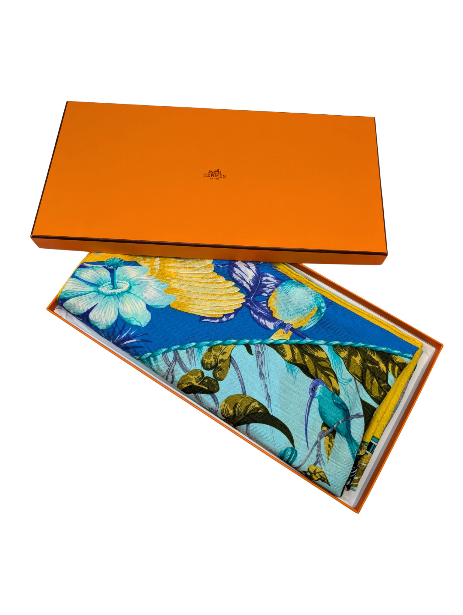 Hermes Tropiques Laurence Bourthoumiex Yellow Blue Cashmere Silk Shawl 140
