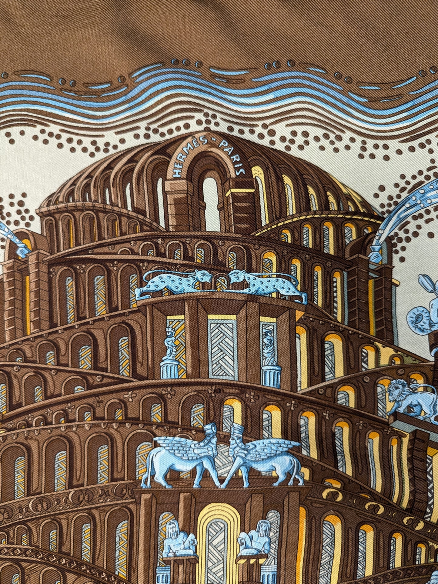 Hermès Les Revieres de Babel Brown Blue Silk Scarf 90cm