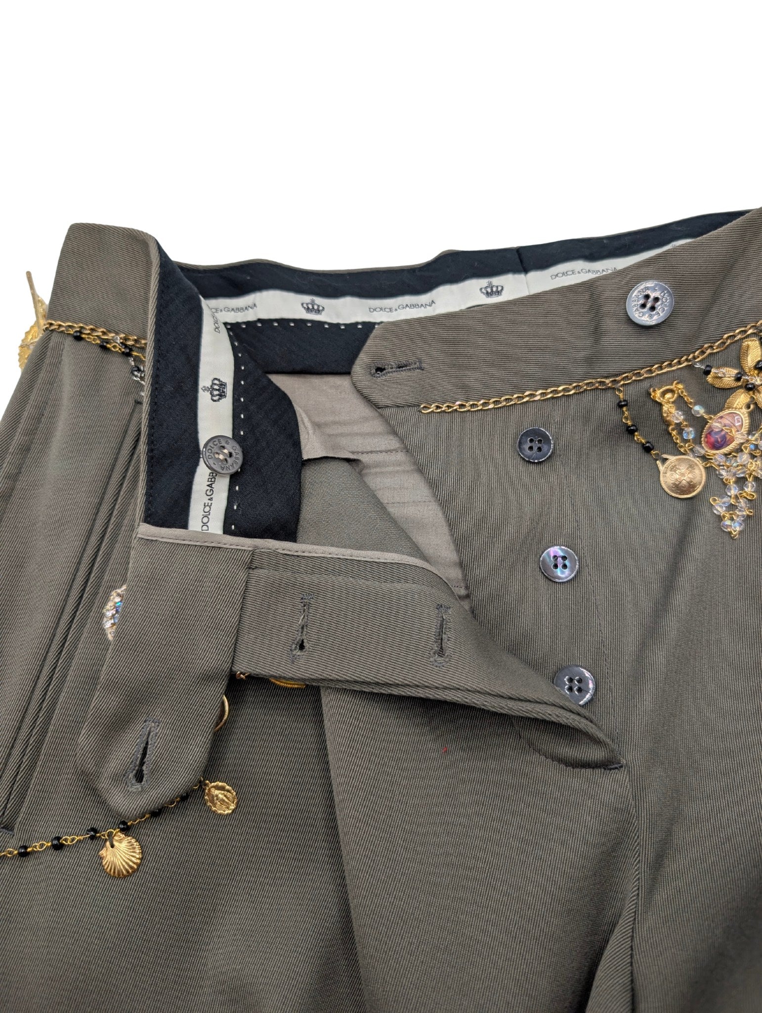 Dolce & Gabbana Spring 2017 Olive Green Charm Chain Embellished Jodhpur Harem Pants Size 28