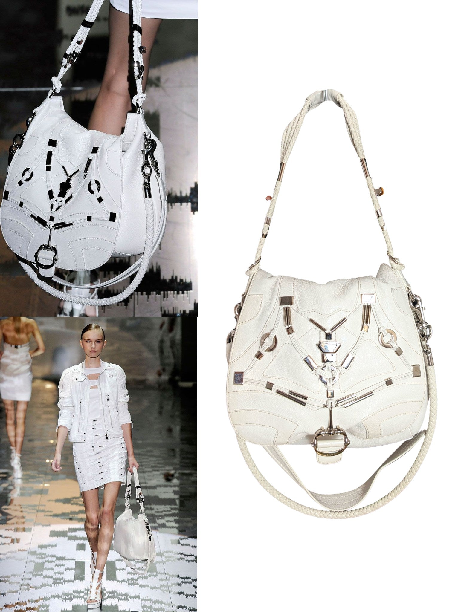 Gucci Spring 2010 Cream Leather Bamboo Braided Techno Horsebit Flap Shoulder Bag