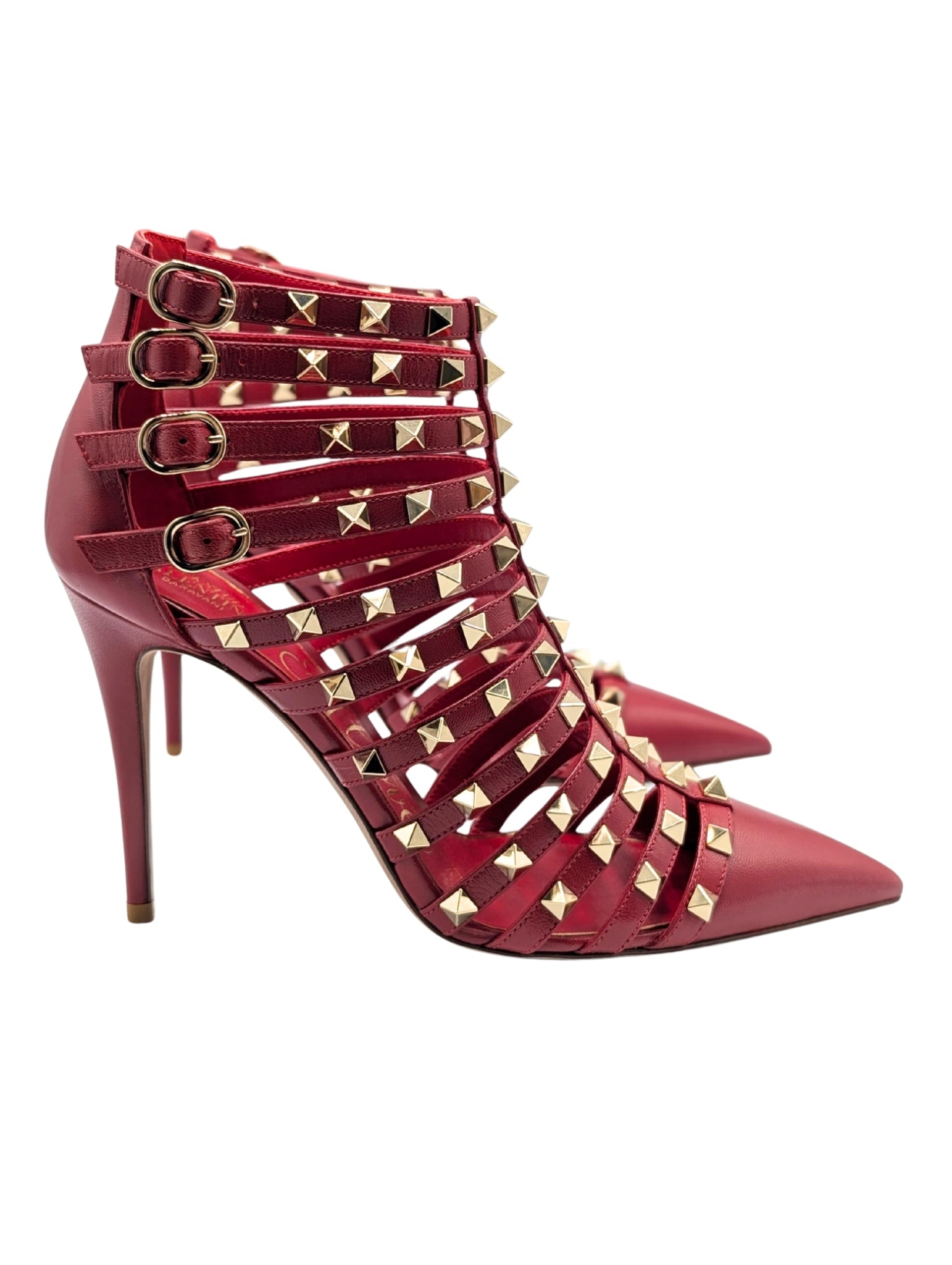 Valentino Garavani Alcove Red Leather Studded Strappy Ankle Booties Size 39