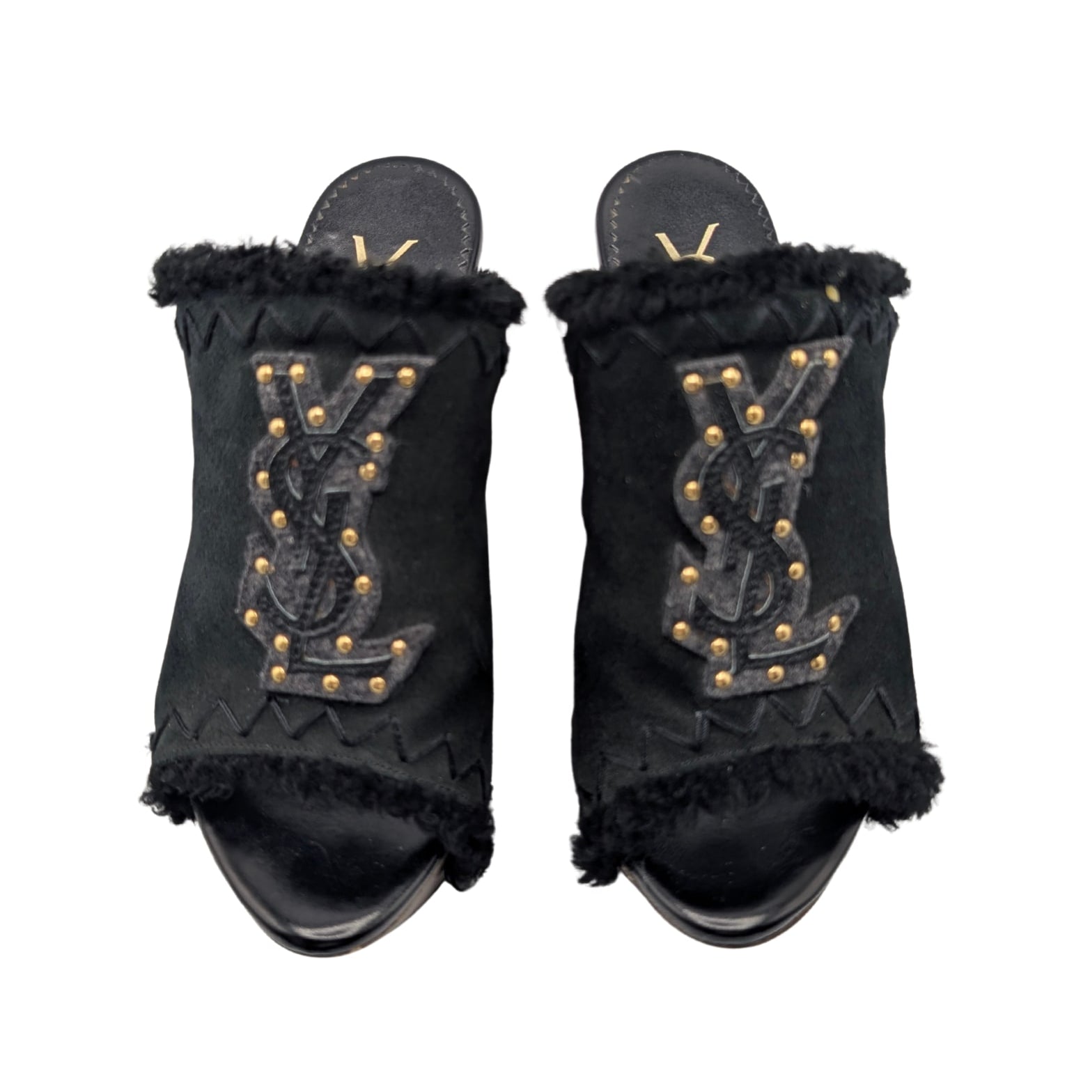 Yves Saint Laurent Black Shearling YSL Studded Platform Wedge Clog Mules Size 37