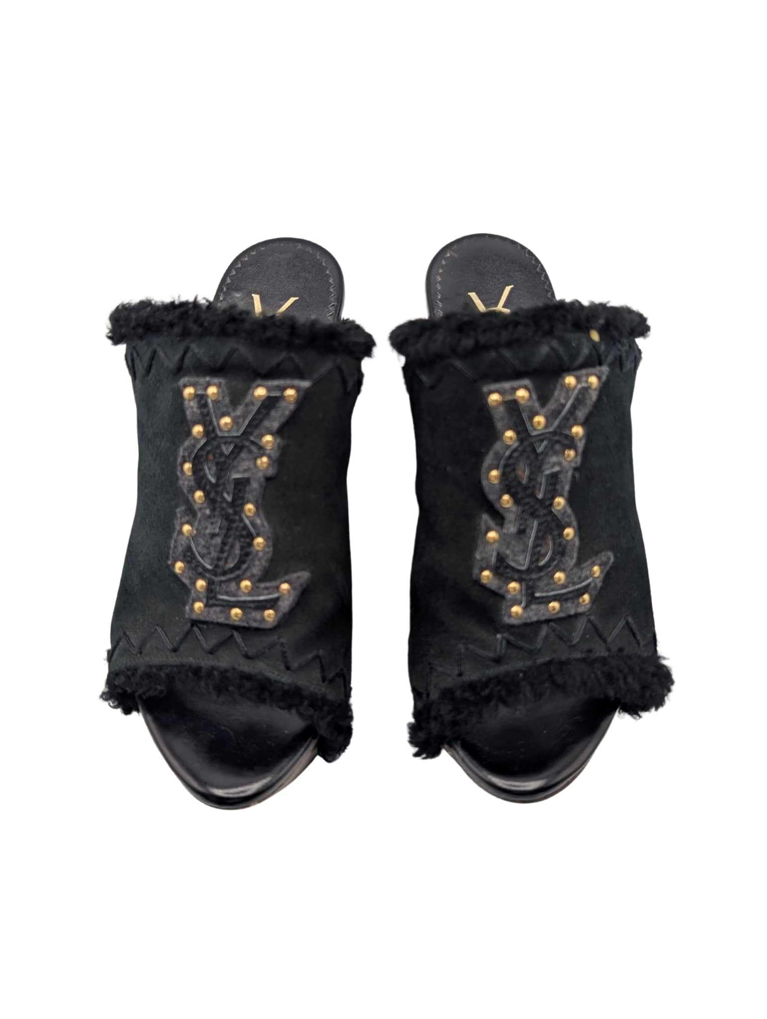 Yves Saint Laurent Black Shearling YSL Studded Platform Wedge Clog Mules Size 37