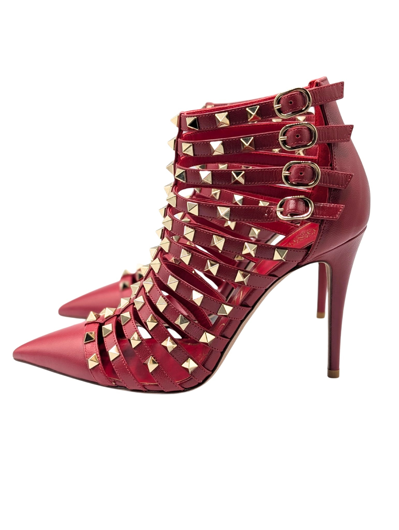 Valentino Garavani Alcove Red Leather Studded Strappy Ankle Booties Size 39