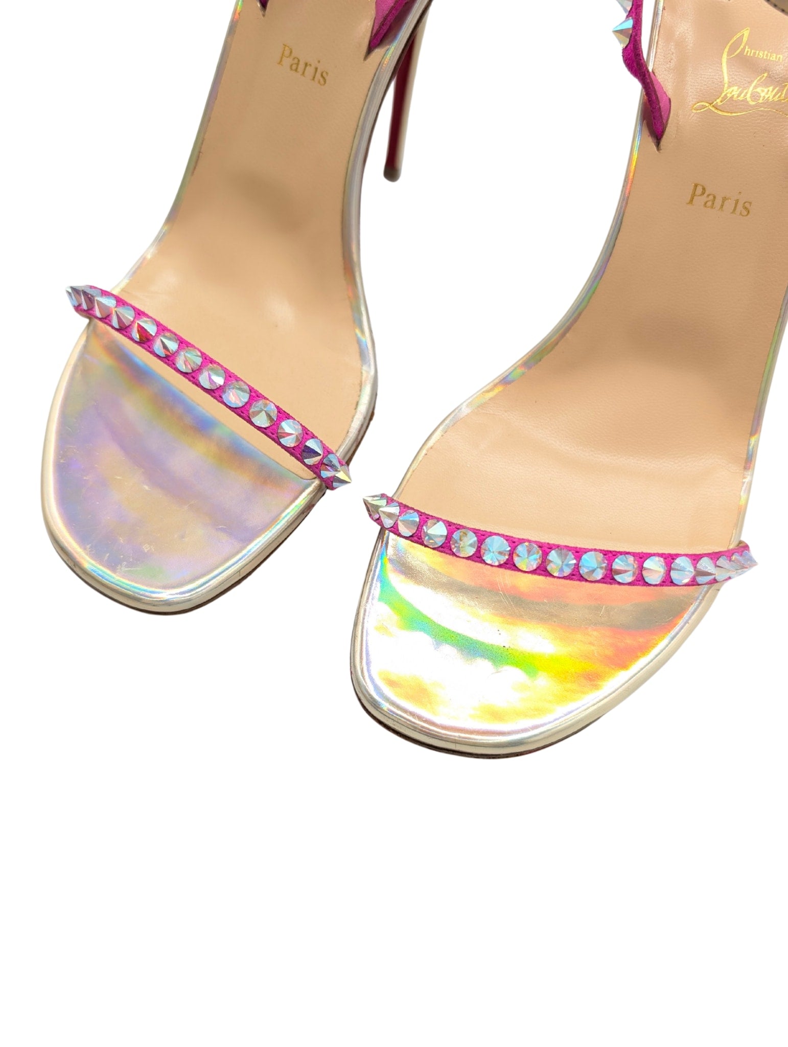 Christian Louboutin So You Iridescent Fuchsia Spike Sandal Heels Size 39