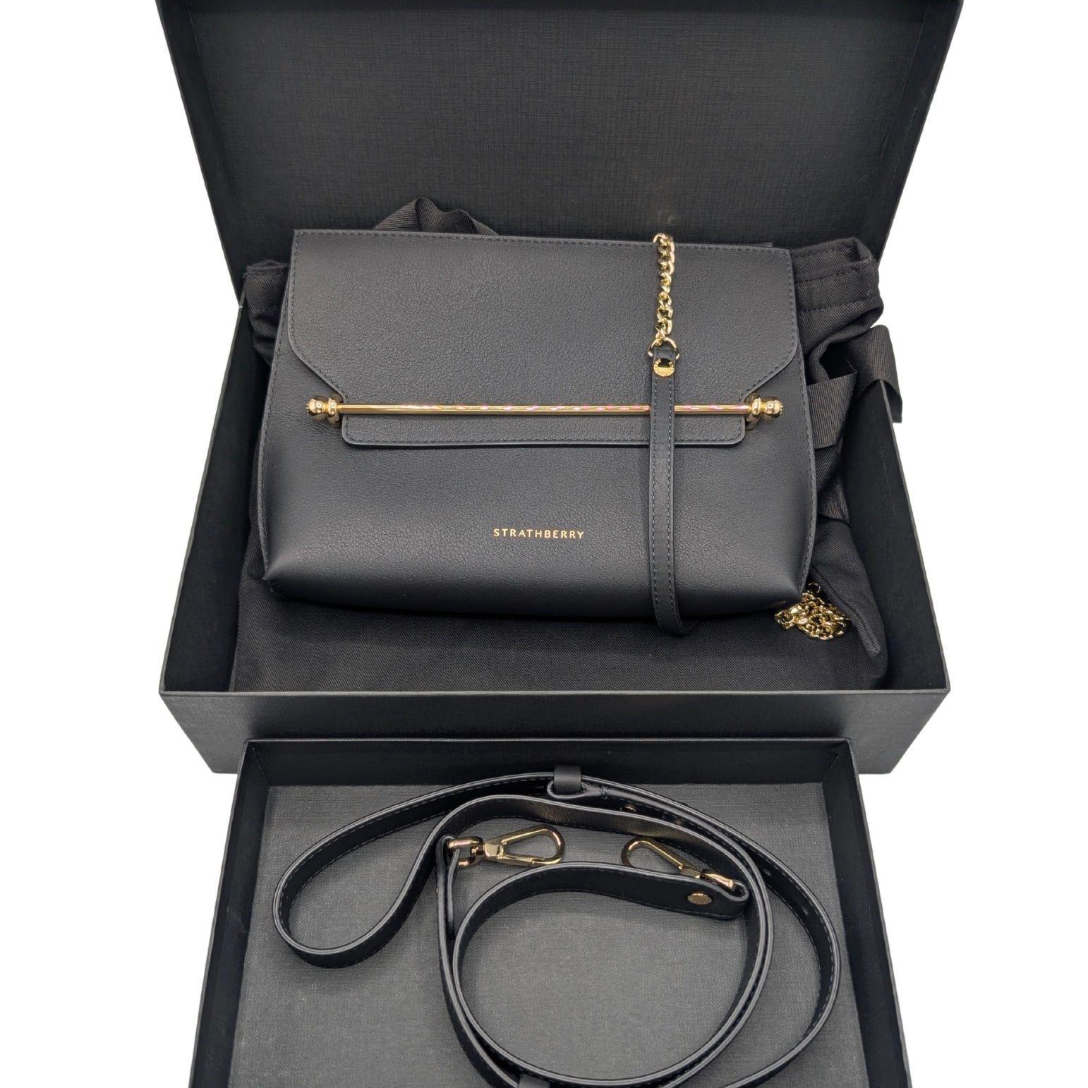 Strathberry Stylist Bar Black Leather Clutch Chain Crossbody