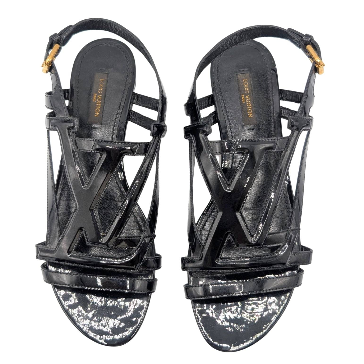 Louis Vuitton 2013 Black Patent LV Logo Crossing Sandals SIze 37