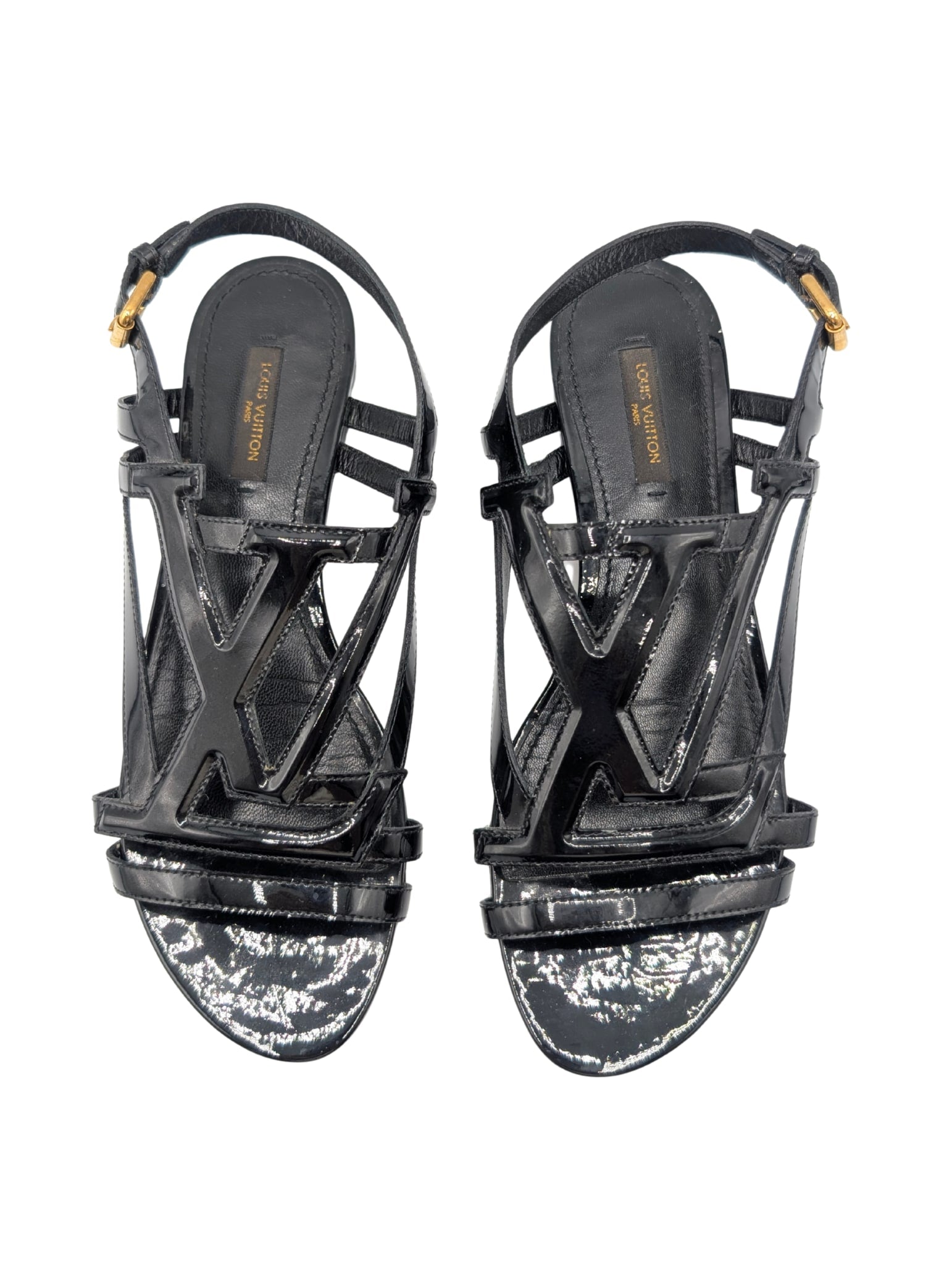 Louis Vuitton 2013 Black Patent LV Logo Crossing Sandals SIze 37