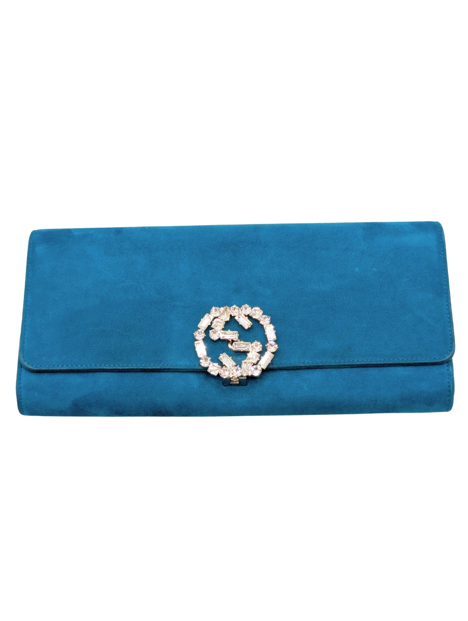 Gucci Broadway Teal Suede Swarovski Crystal Clutch