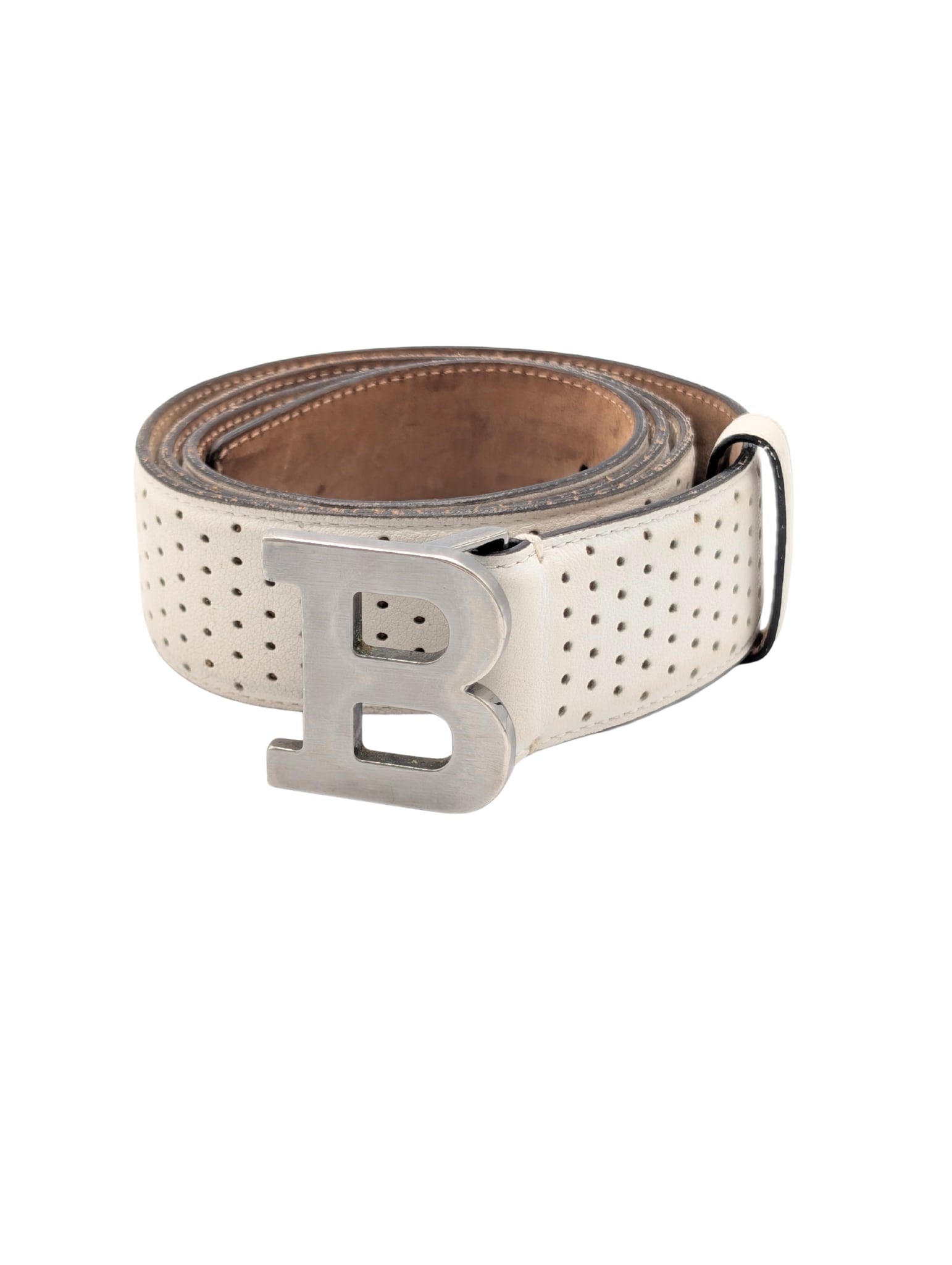 Bally White Perforated Leather B Buckle Belt Men Size 95/38