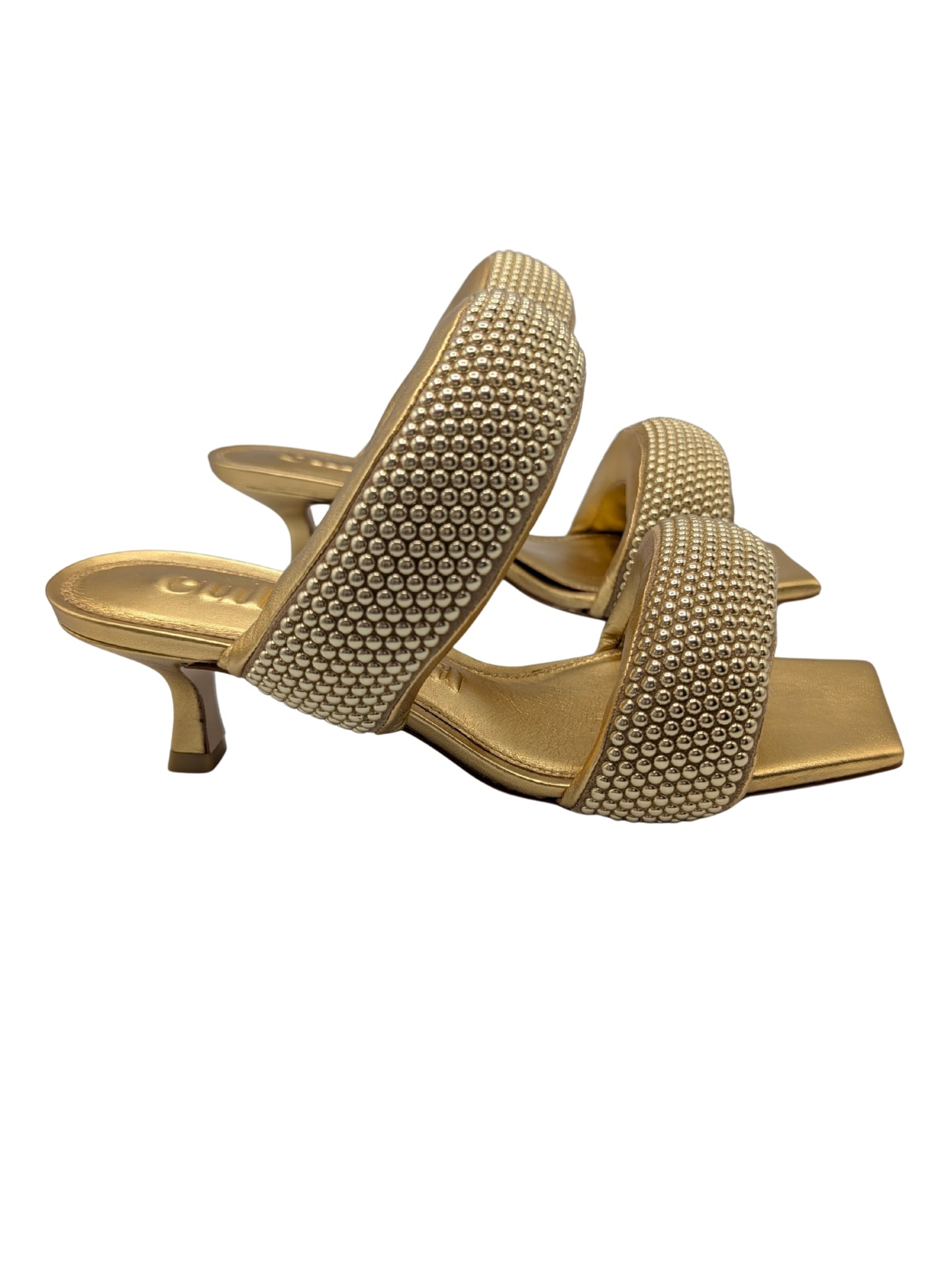 Cult Gaia Rue Studded Padded Gold Leather Sandal Mules Kitten Heel Size 37.5