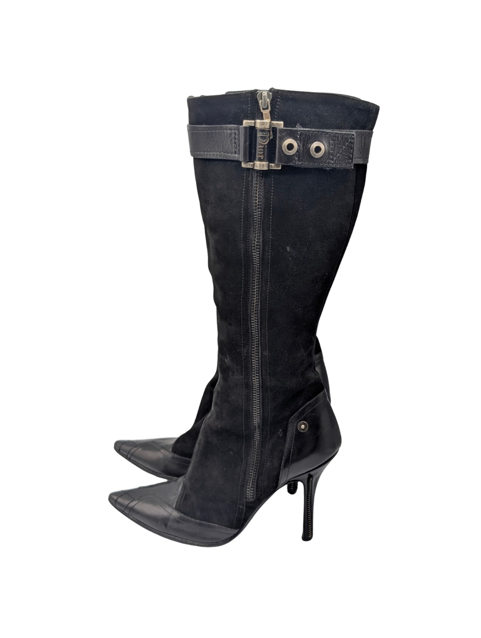 Christian Dior Black Suede Zipper Knee High Boots Y2K Galliano Size 38