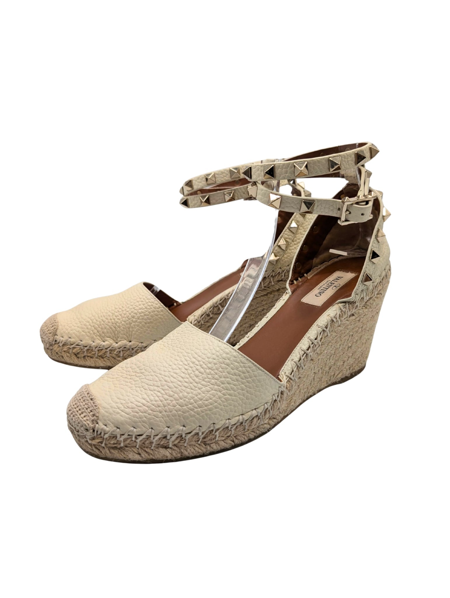 Valentino Garavani Cream Leather Rockstud Espadrille Wedges Size 38