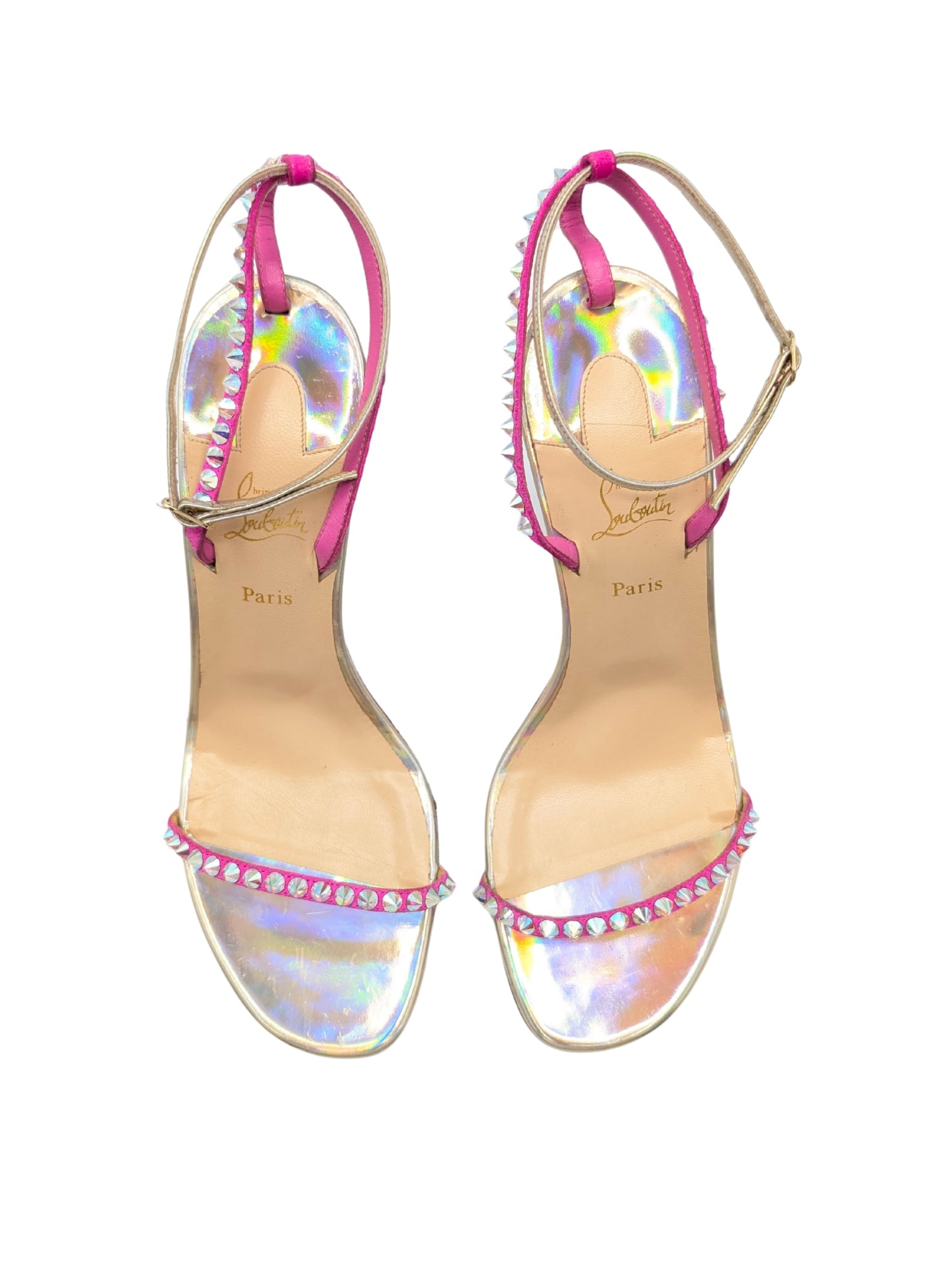 Christian Louboutin So You Iridescent Fuchsia Spike Sandal Heels Size 39