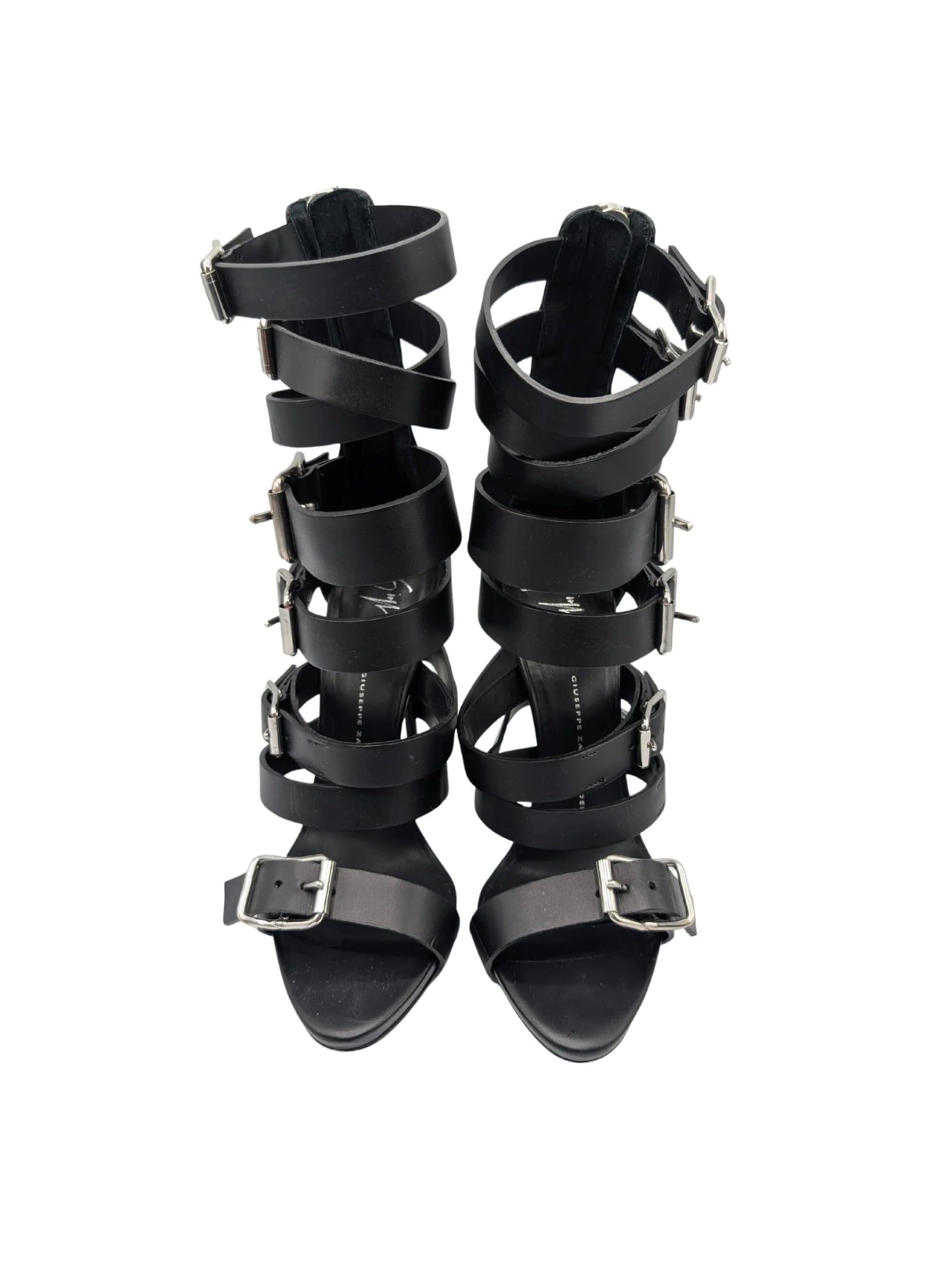 Giuseppe Zanotti Black Leather Coline Buckle Gladiator Heels 110 Size 38