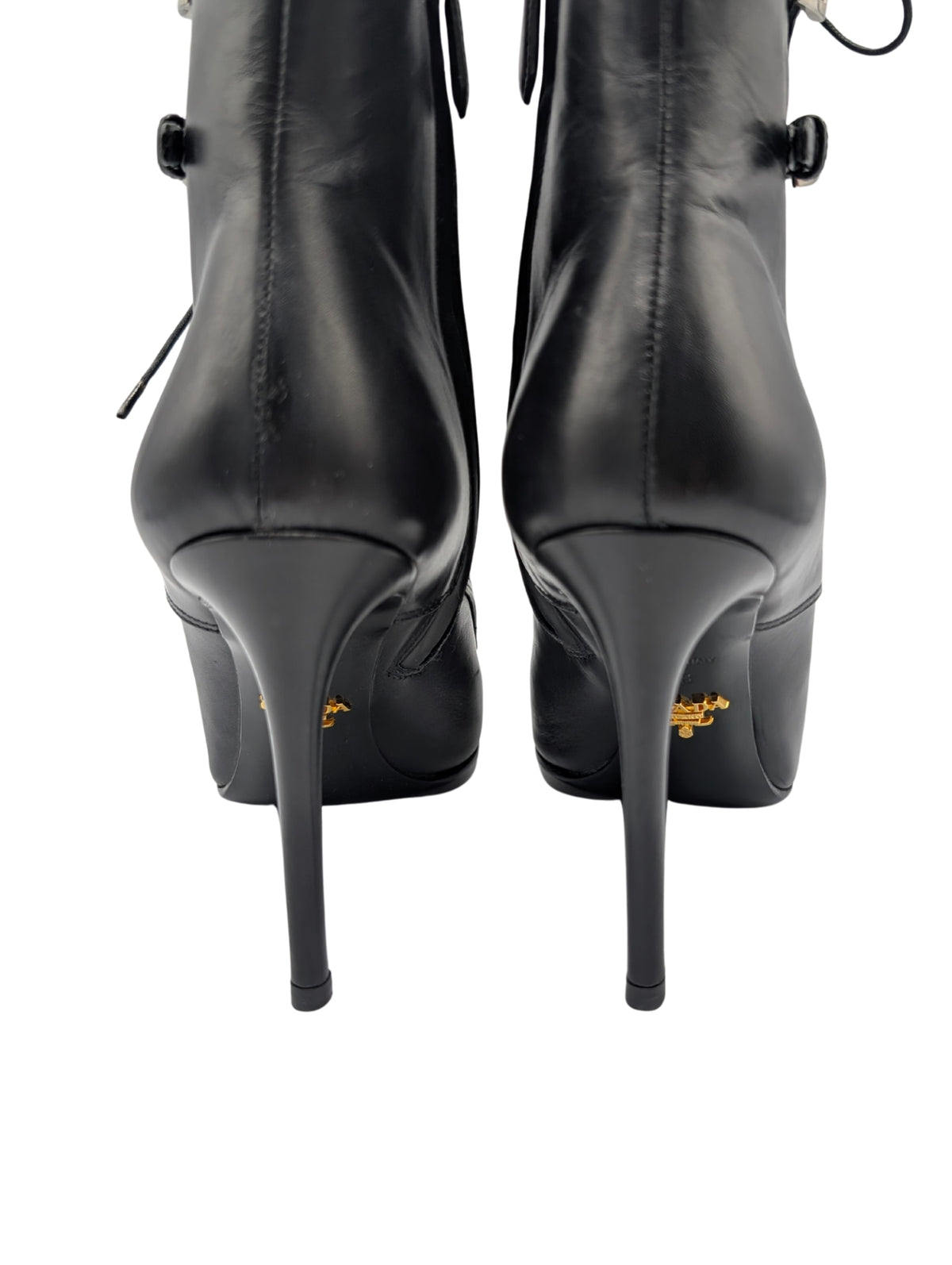 Prada Black Leather Double Buckle Ankle Booties Size 38