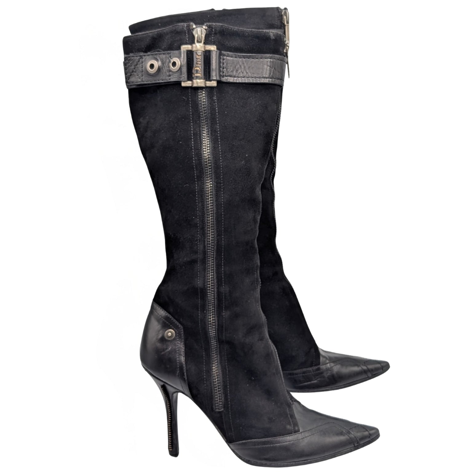 Christian Dior Black Suede Zipper Knee High Boots Y2K Galliano Size 38