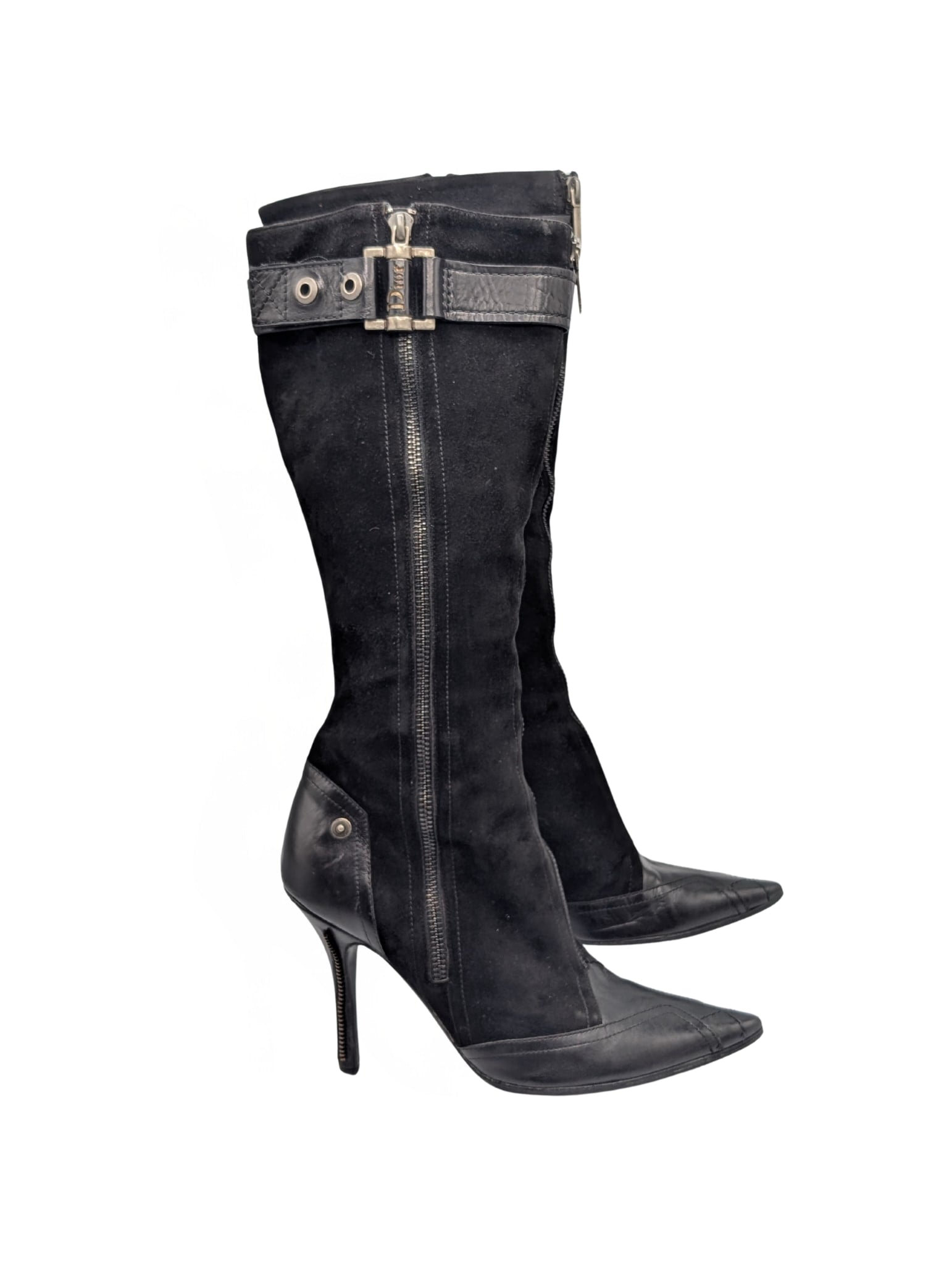 Christian Dior Black Suede Zipper Knee High Boots Y2K Galliano Size 38