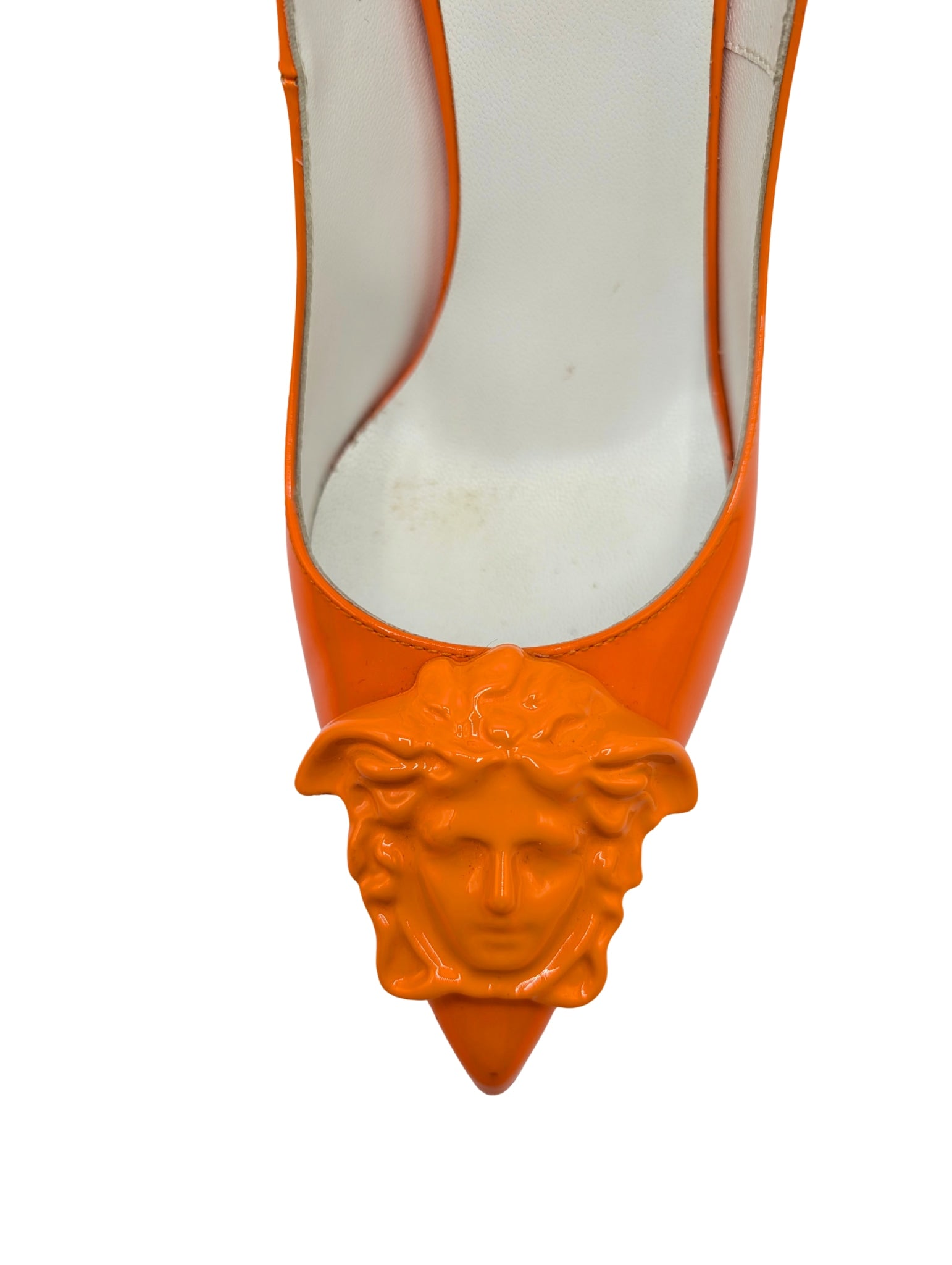 Versace Orange Patent La Medusa Pointed Pumps Size 37.5 Spring 2021