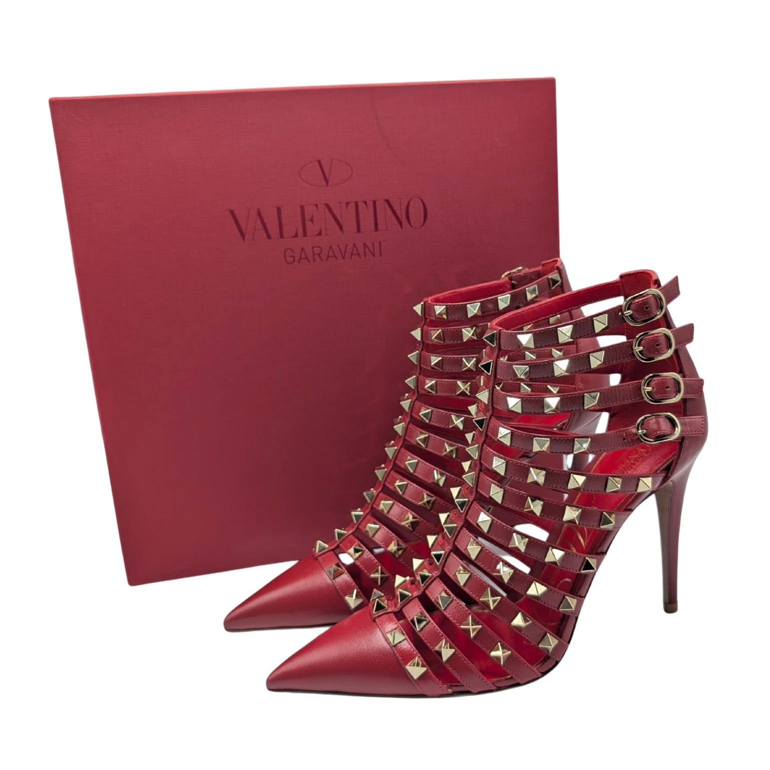 Valentino Garavani Alcove Red Leather Studded Strappy Ankle Booties Size 39