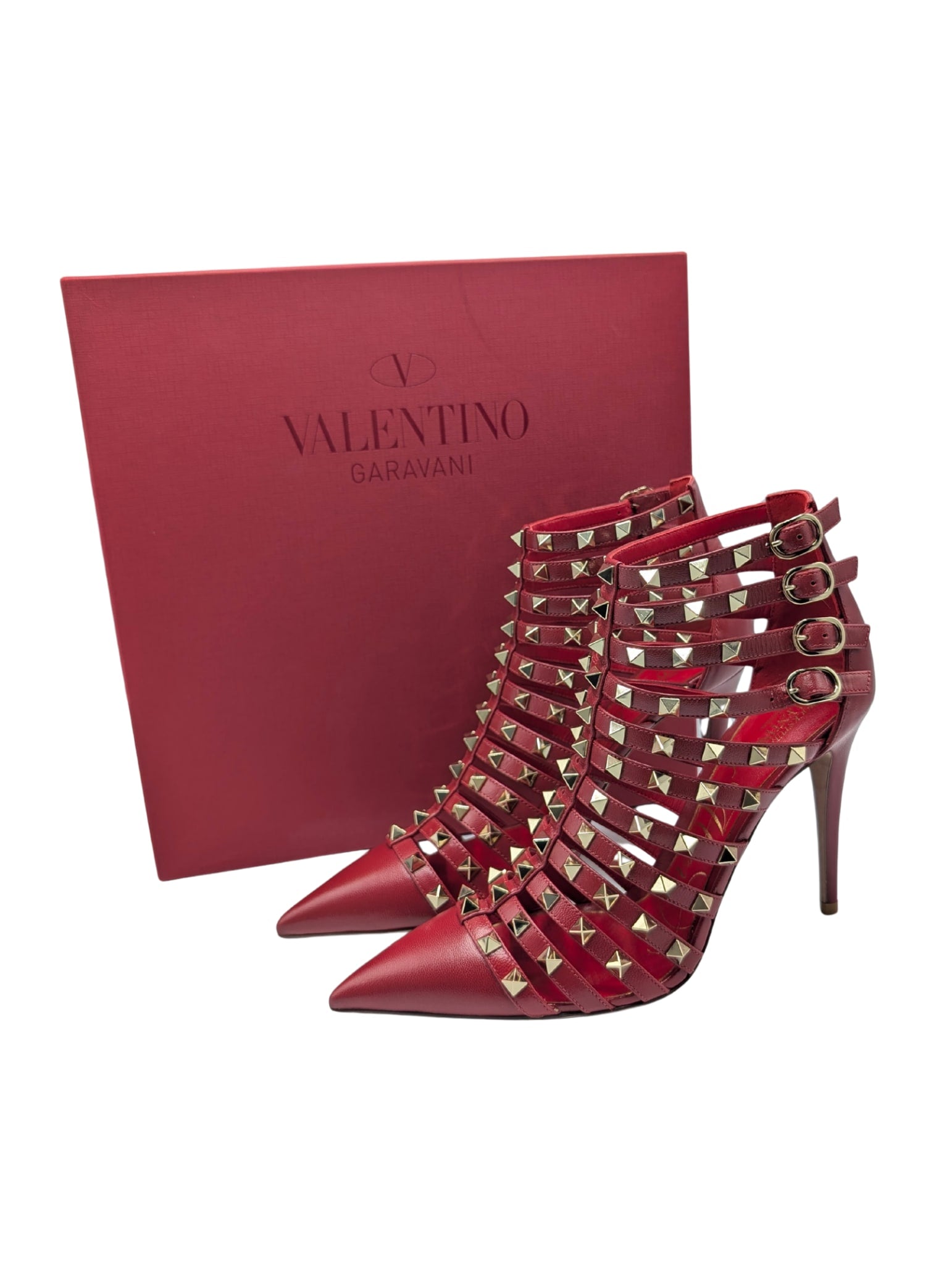 Valentino Garavani Alcove Red Leather Studded Strappy Ankle Booties Size 39