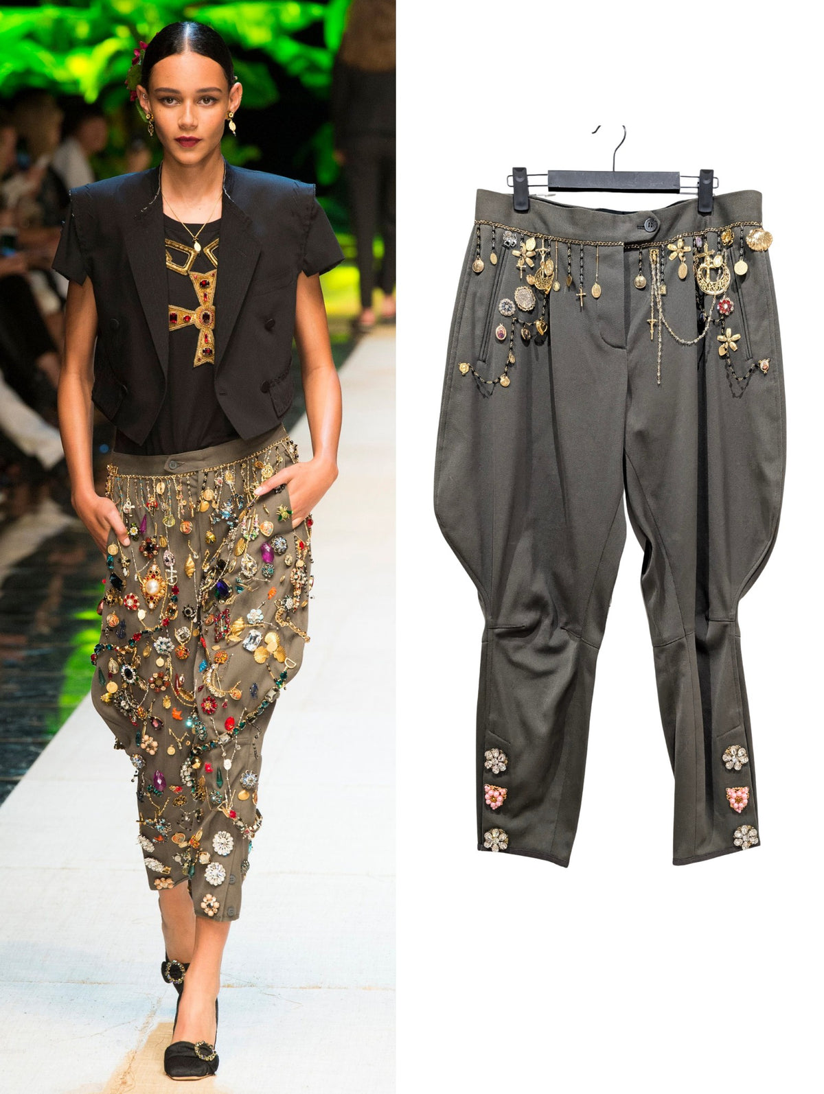 Dolce & Gabbana Spring 2017 Olive Green Charm Chain Embellished Jodhpur Harem Pants Size 28