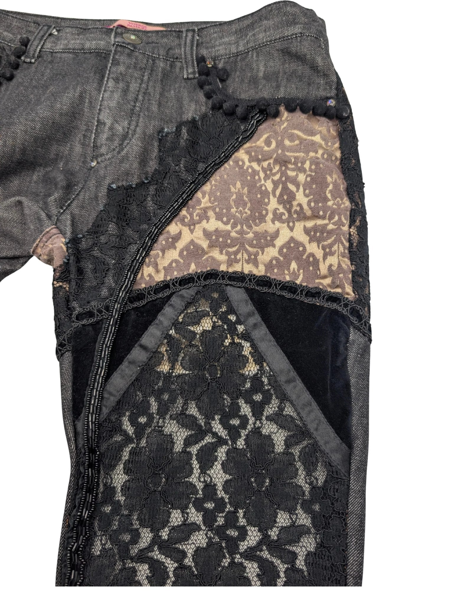 Voyage Passion Black Denim Velvet Lace Patchwork Low Rise Jeans Size 10