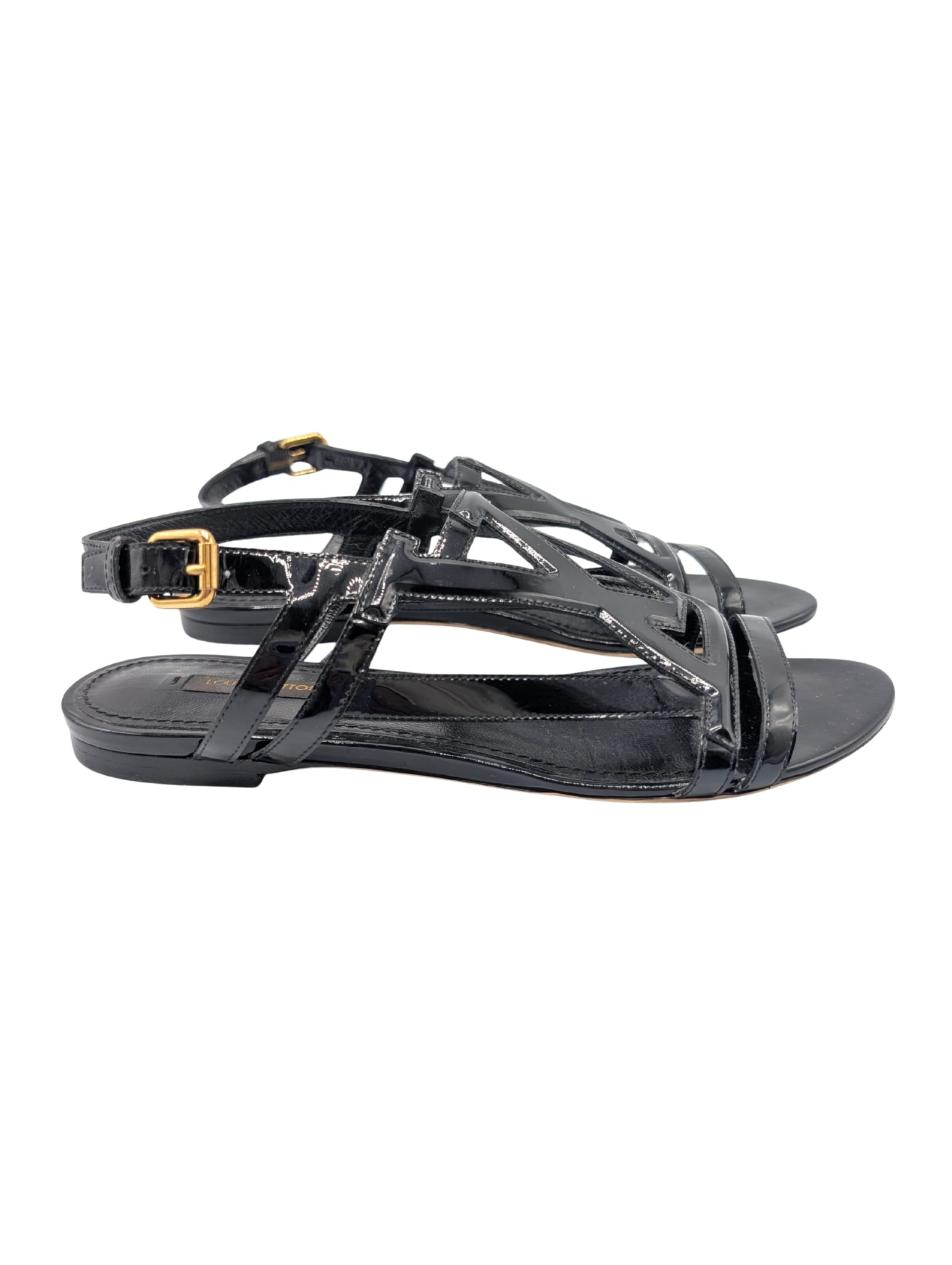 Louis Vuitton 2013 Black Patent LV Logo Crossing Sandals SIze 37