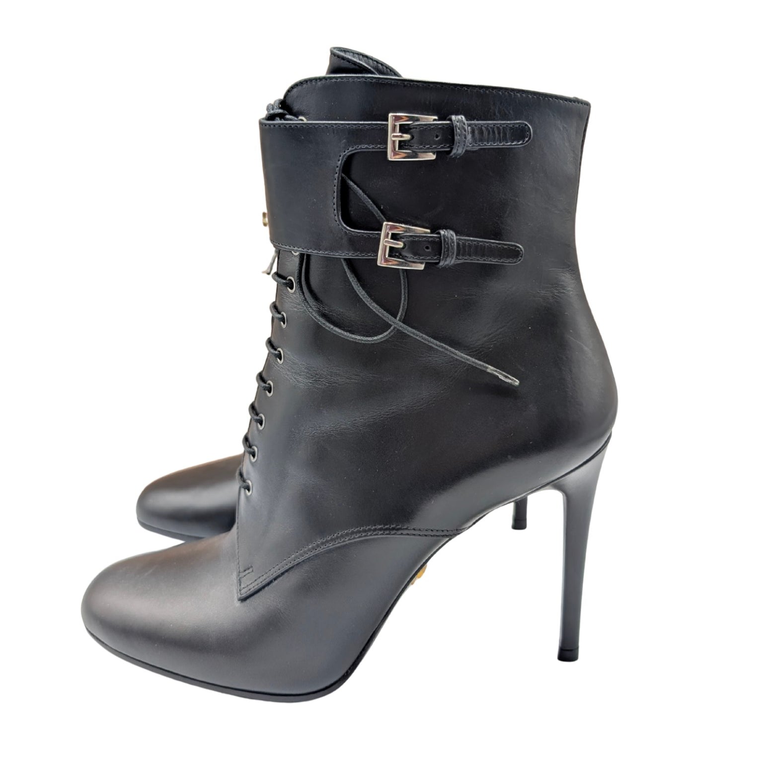 Prada Black Leather Double Buckle Ankle Booties Size