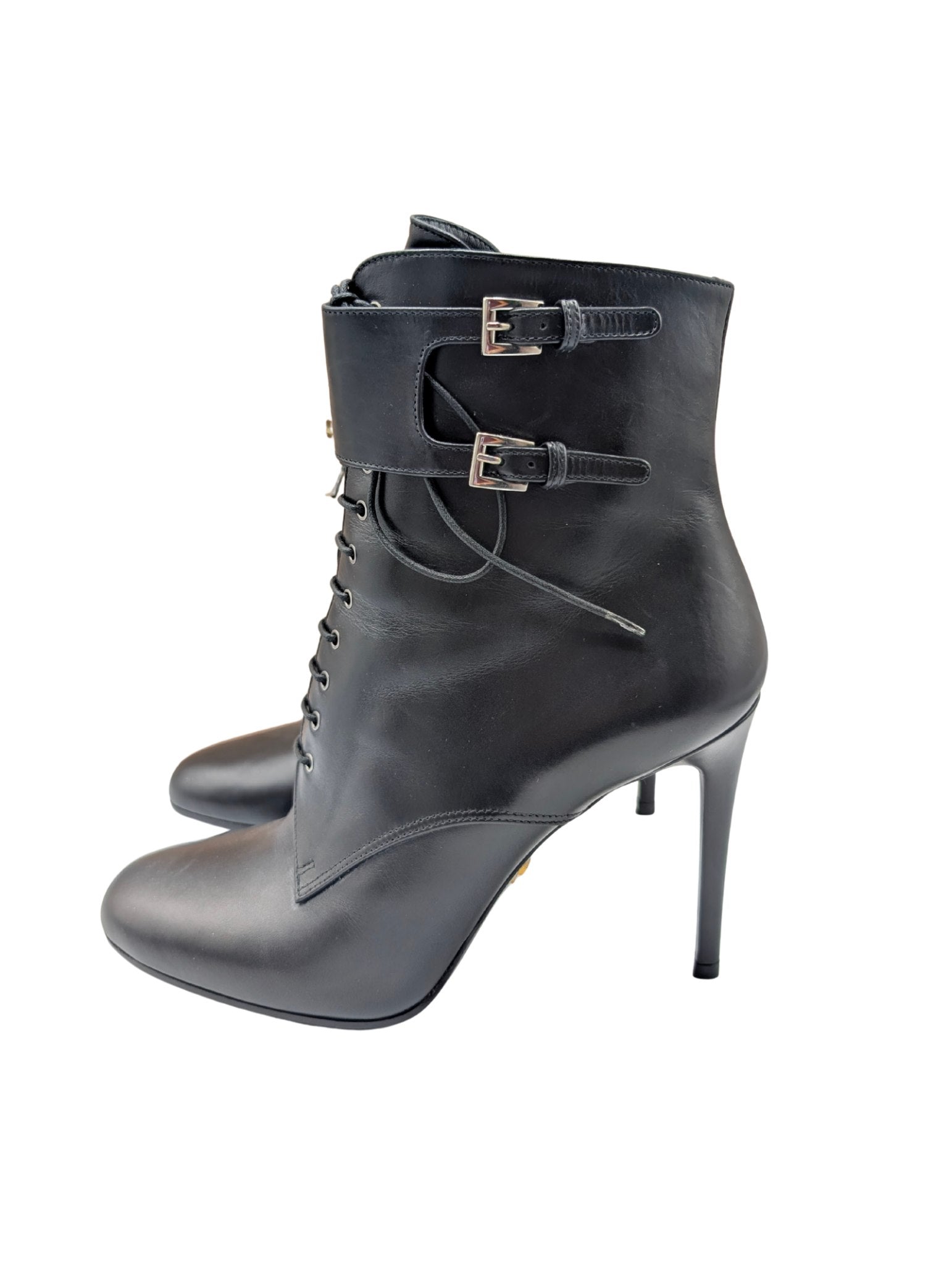 Prada Black Leather Double Buckle Ankle Booties Size